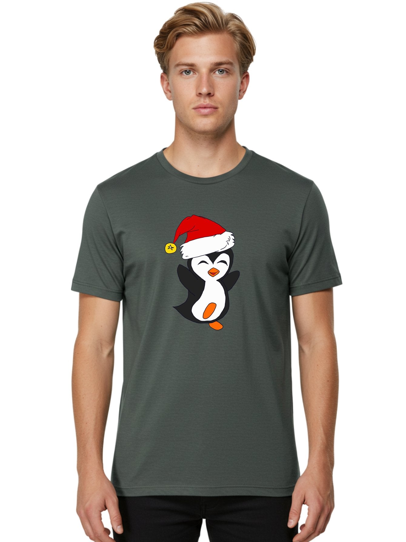 Penguin-With-Santa-Hat Men'S Graphic Tee, 100% Cotton, Comfortable Casual Summer Wear, Machine Washable, Cartoon Penguin, Santa Hat, Christmas Character, Festive Holiday, Cartoon Illustration, Winter Wonderland, Cute Animal, -  Aaa110 24