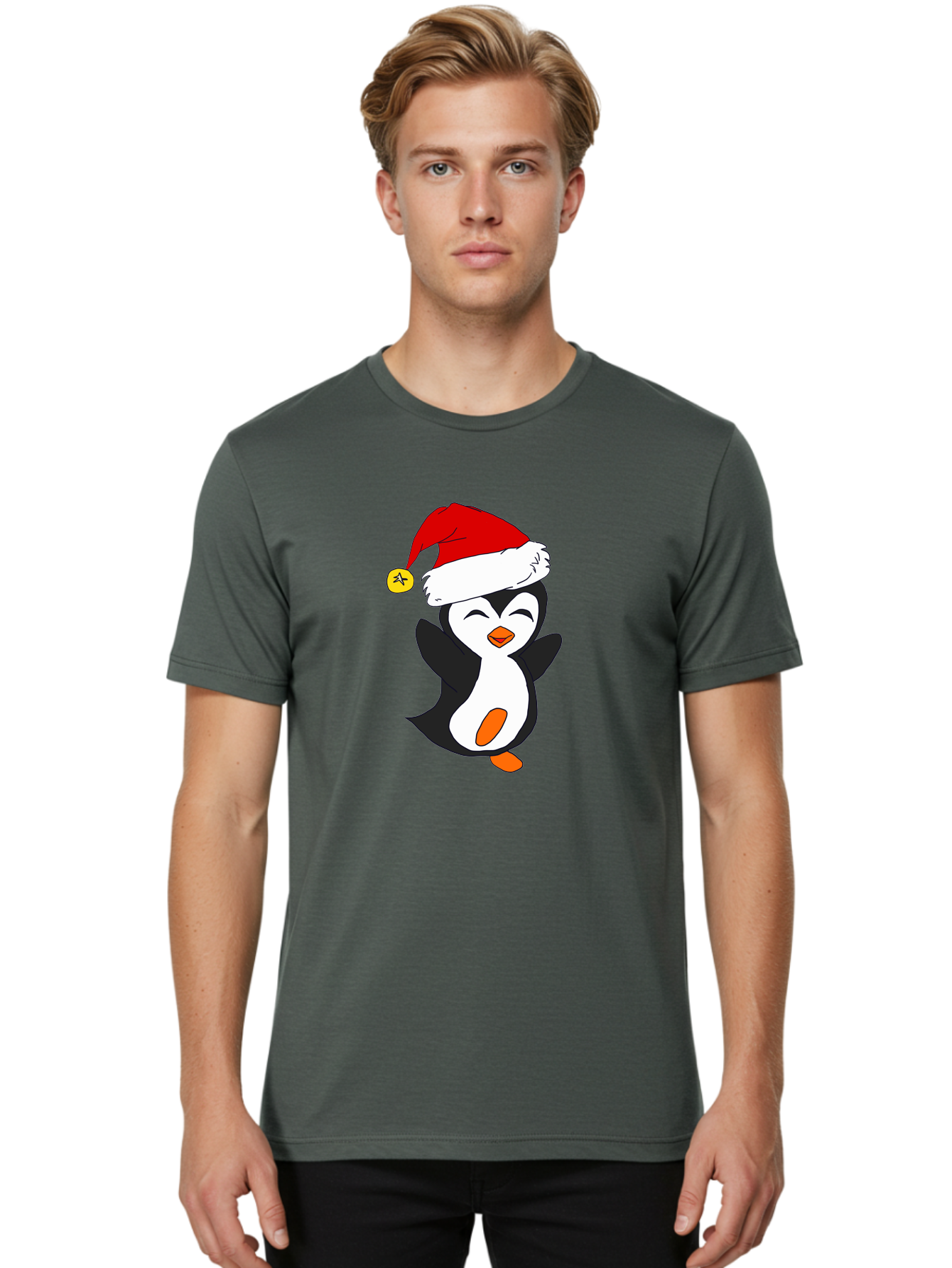 Penguin-With-Santa-Hat Men'S Graphic Tee, 100% Cotton, Comfortable Casual Summer Wear, Machine Washable, Cartoon Penguin, Santa Hat, Christmas Character, Festive Holiday, Cartoon Illustration, Winter Wonderland, Cute Animal, -  Aaa110 26
