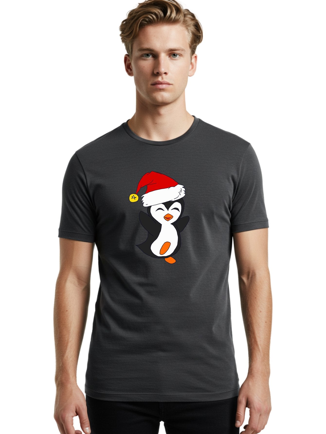 Penguin-With-Santa-Hat Men'S Graphic Tee, 100% Cotton, Comfortable Casual Summer Wear, Machine Washable, Cartoon Penguin, Santa Hat, Christmas Character, Festive Holiday, Cartoon Illustration, Winter Wonderland, Cute Animal, -  Aaa110 18