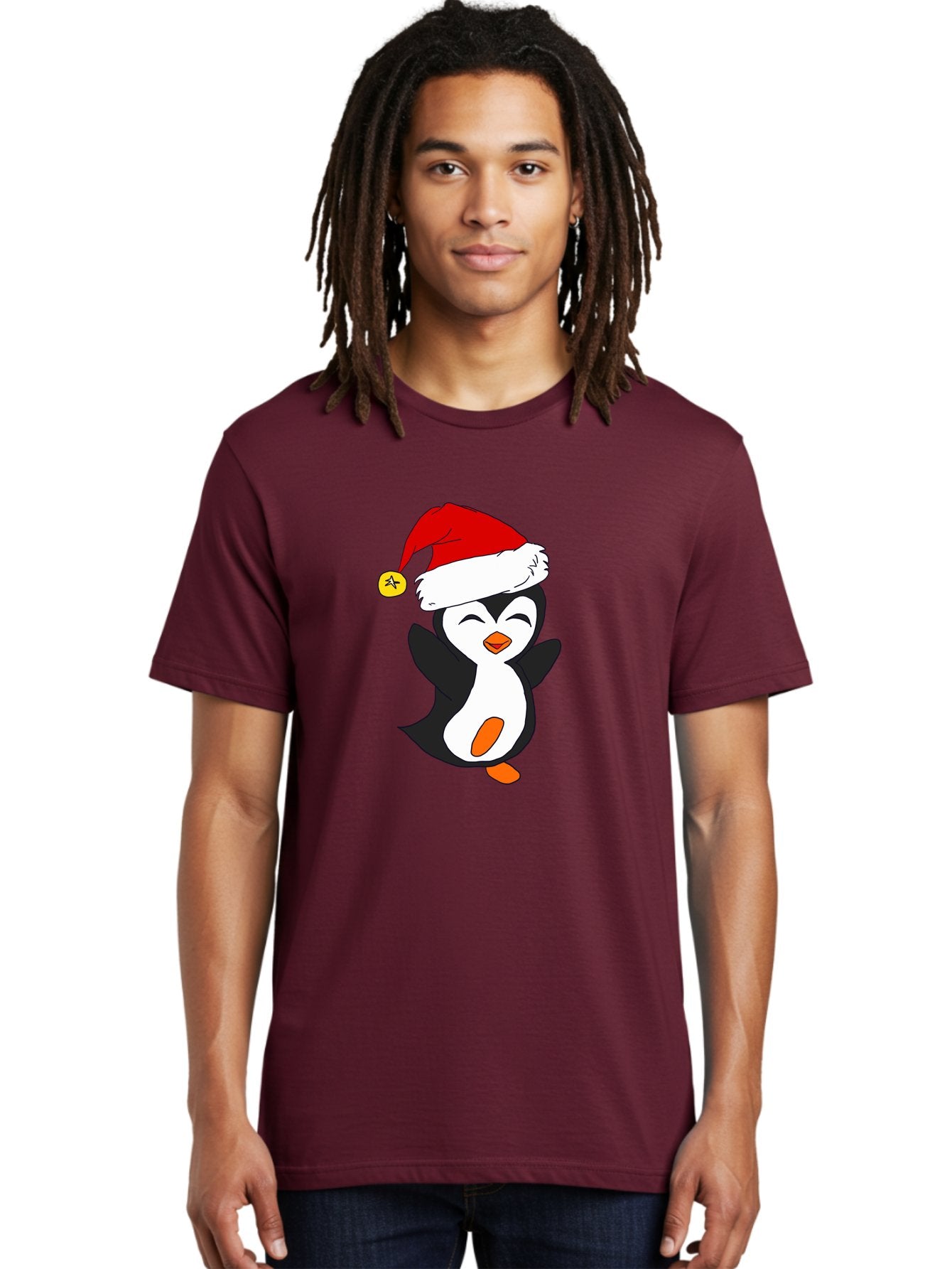 Penguin-With-Santa-Hat Men'S Graphic Tee, 100% Cotton, Comfortable Casual Summer Wear, Machine Washable, Cartoon Penguin, Santa Hat, Christmas Character, Festive Holiday, Cartoon Illustration, Winter Wonderland, Cute Animal, -  Aaa110 6