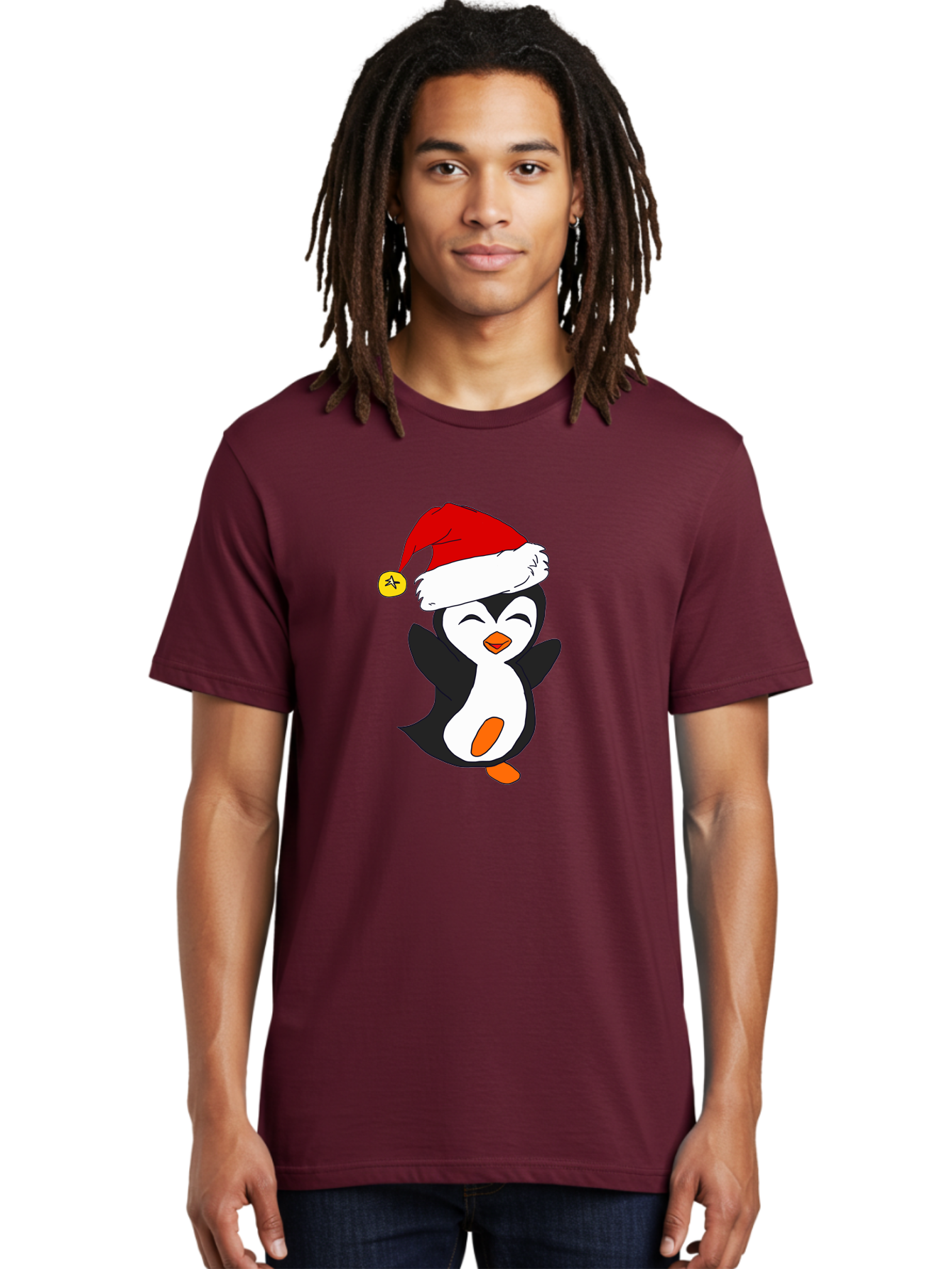 Penguin-With-Santa-Hat Men'S Graphic Tee, 100% Cotton, Comfortable Casual Summer Wear, Machine Washable, Cartoon Penguin, Santa Hat, Christmas Character, Festive Holiday, Cartoon Illustration, Winter Wonderland, Cute Animal, -  Aaa110 24