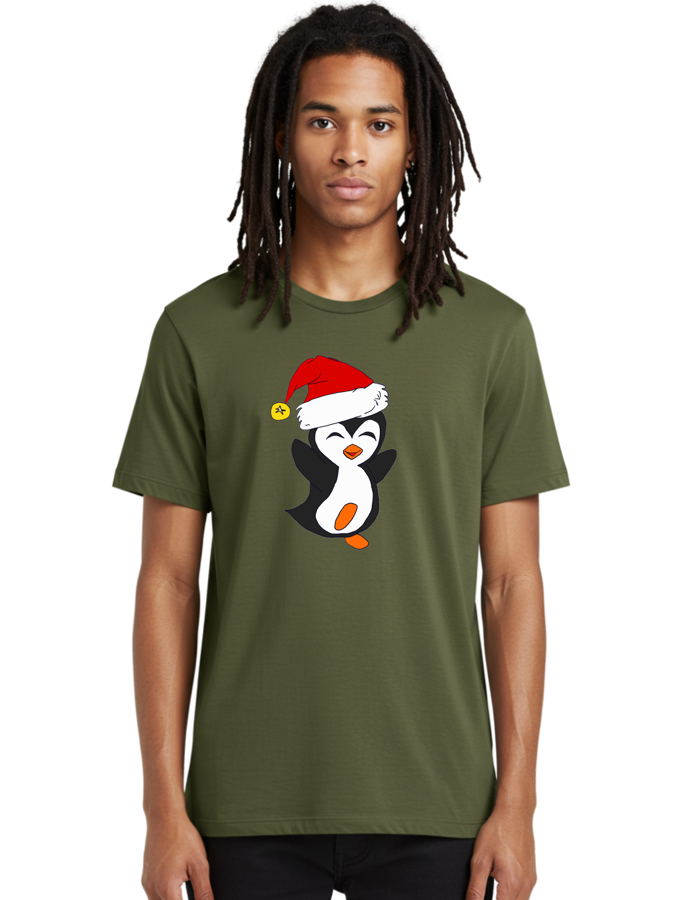 Penguin-With-Santa-Hat Men'S Graphic Tee, 100% Cotton, Comfortable Casual Summer Wear, Machine Washable, Cartoon Penguin, Santa Hat, Christmas Character, Festive Holiday, Cartoon Illustration, Winter Wonderland, Cute Animal, -  Aaa110