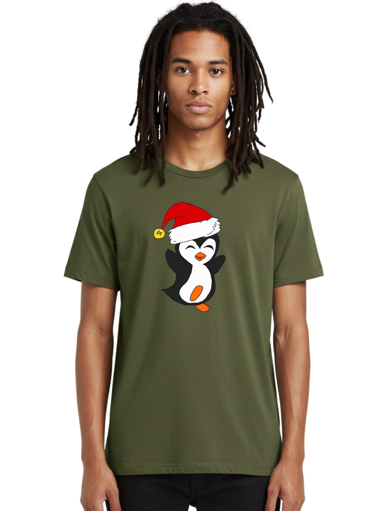 Penguin-With-Santa-Hat Men'S Graphic Tee, 100% Cotton, Comfortable Casual Summer Wear, Machine Washable, Cartoon Penguin, Santa Hat, Christmas Character, Festive Holiday, Cartoon Illustration, Winter Wonderland, Cute Animal, -  Aaa110 10