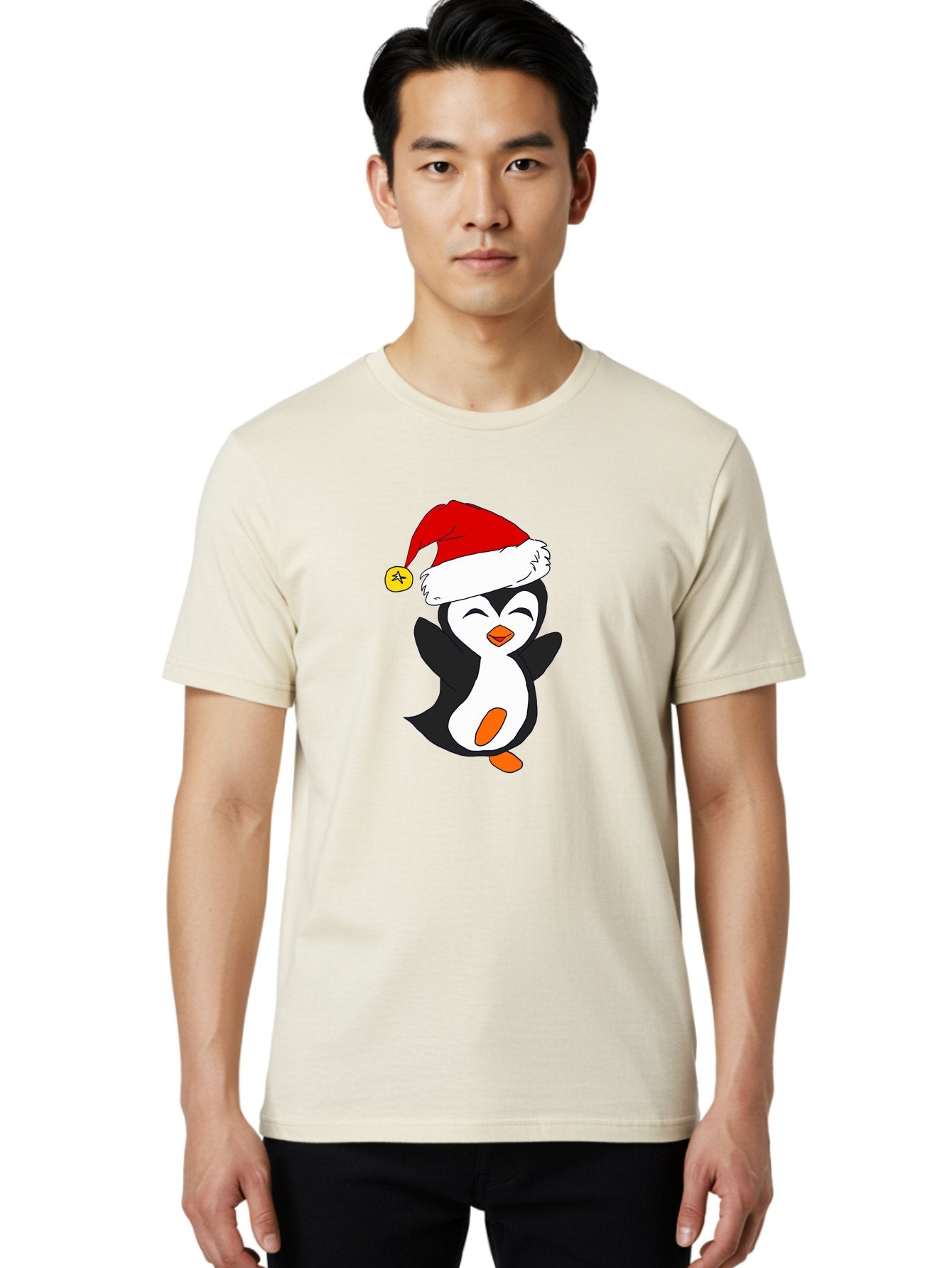 Penguin-With-Santa-Hat Men'S Graphic Tee, 100% Cotton, Comfortable Casual Summer Wear, Machine Washable, Cartoon Penguin, Santa Hat, Christmas Character, Festive Holiday, Cartoon Illustration, Winter Wonderland, Cute Animal, -  Aaa110 22