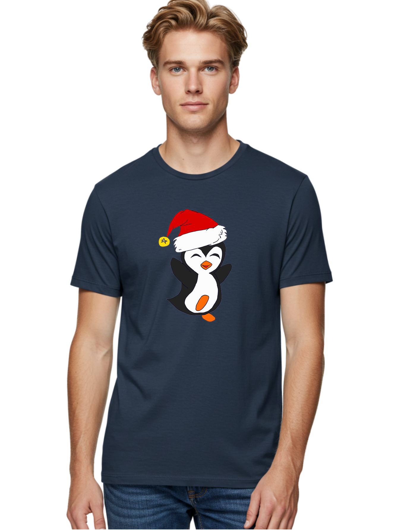 Penguin-With-Santa-Hat Men'S Graphic Tee, 100% Cotton, Comfortable Casual Summer Wear, Machine Washable, Cartoon Penguin, Santa Hat, Christmas Character, Festive Holiday, Cartoon Illustration, Winter Wonderland, Cute Animal, -  Aaa110 22
