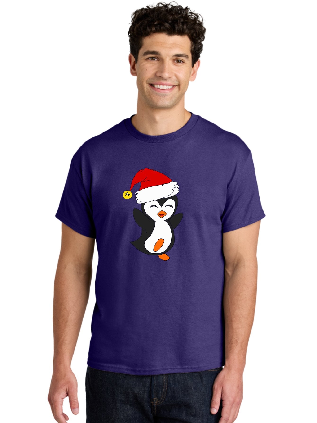 Penguin-With-Santa-Hat Men'S Graphic Tee, 100% Cotton, Comfortable Casual Summer Wear, Machine Washable, Cartoon Penguin, Santa Hat, Christmas Character, Festive Holiday, Cartoon Illustration, Winter Wonderland, Cute Animal, -  Aaa110 26