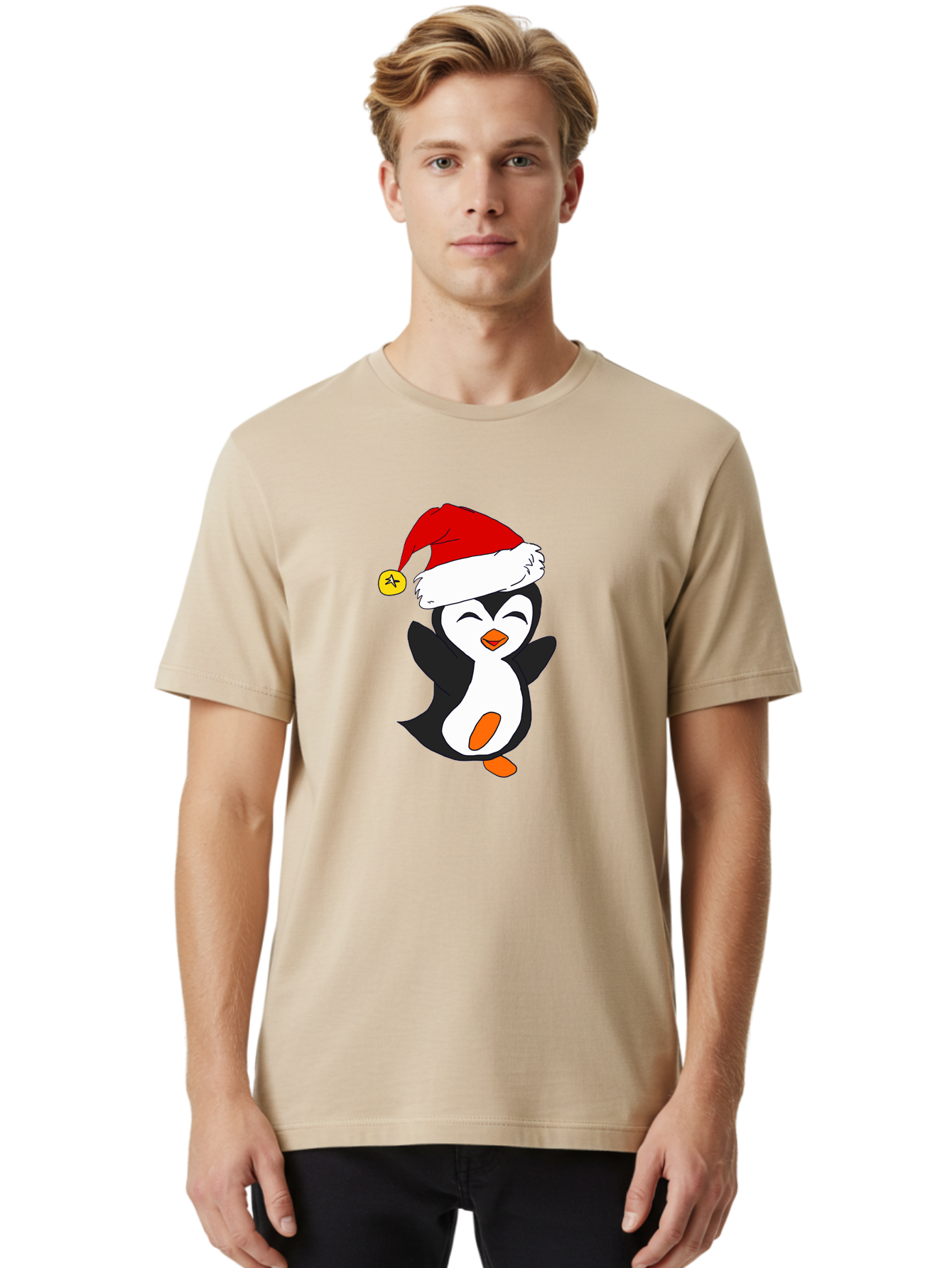 Penguin-With-Santa-Hat Men'S Graphic Tee, 100% Cotton, Comfortable Casual Summer Wear, Machine Washable, Cartoon Penguin, Santa Hat, Christmas Character, Festive Holiday, Cartoon Illustration, Winter Wonderland, Cute Animal, -  Aaa110 16