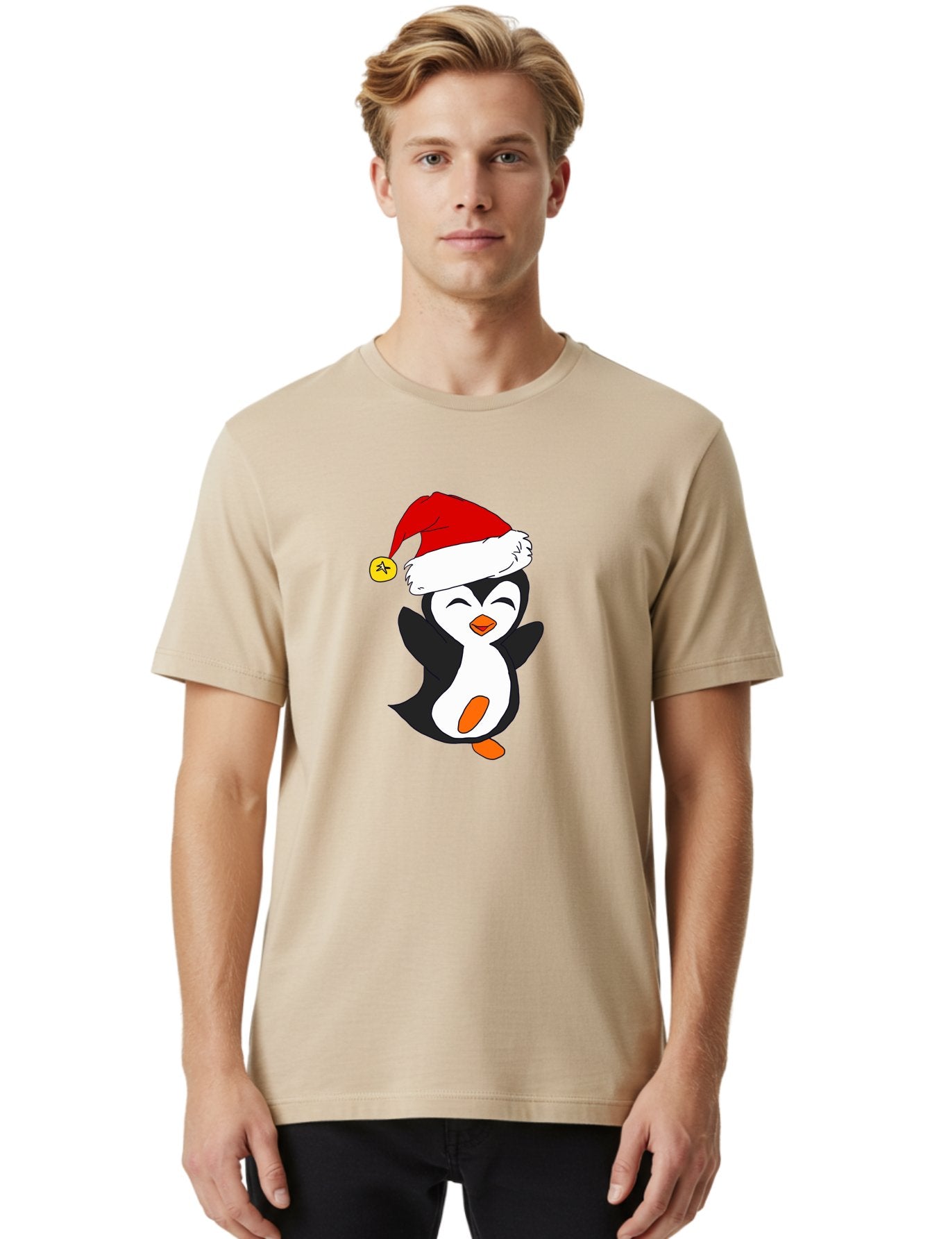 Penguin-With-Santa-Hat Men'S Graphic Tee, 100% Cotton, Comfortable Casual Summer Wear, Machine Washable, Cartoon Penguin, Santa Hat, Christmas Character, Festive Holiday, Cartoon Illustration, Winter Wonderland, Cute Animal, -  Aaa110 4