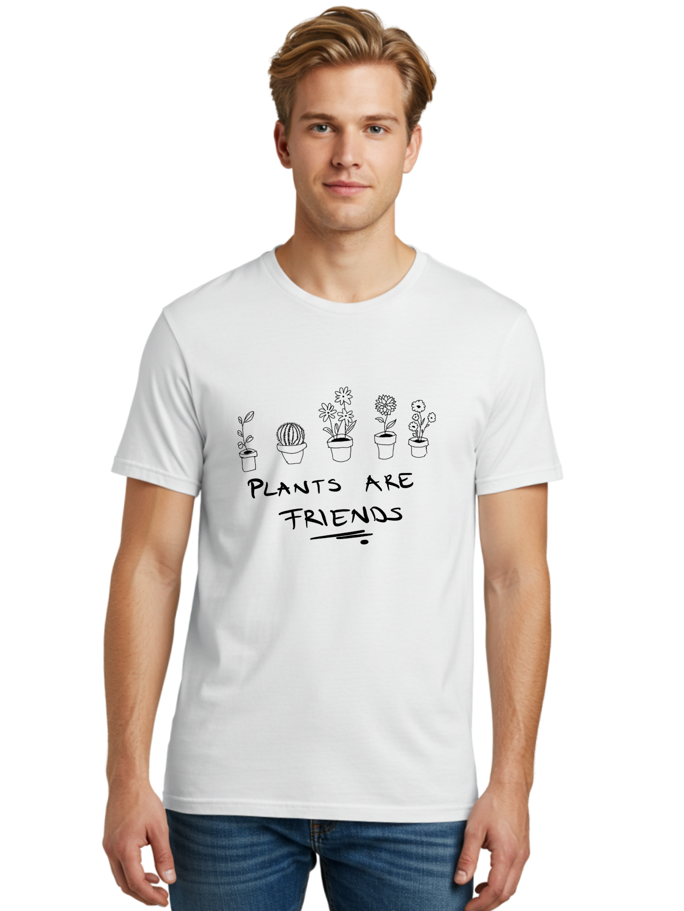 Plants-Are-Friends Men'S Graphic Tee, 100% Cotton, Comfortable Casual Summer Wear, Machine Washable, Potted Plants, Houseplants, Floral Arrangements, Botanical Art, Cactus, Friendship, Plant Love, Botanical Friends, Plant Appreciation -  Aaa113 20