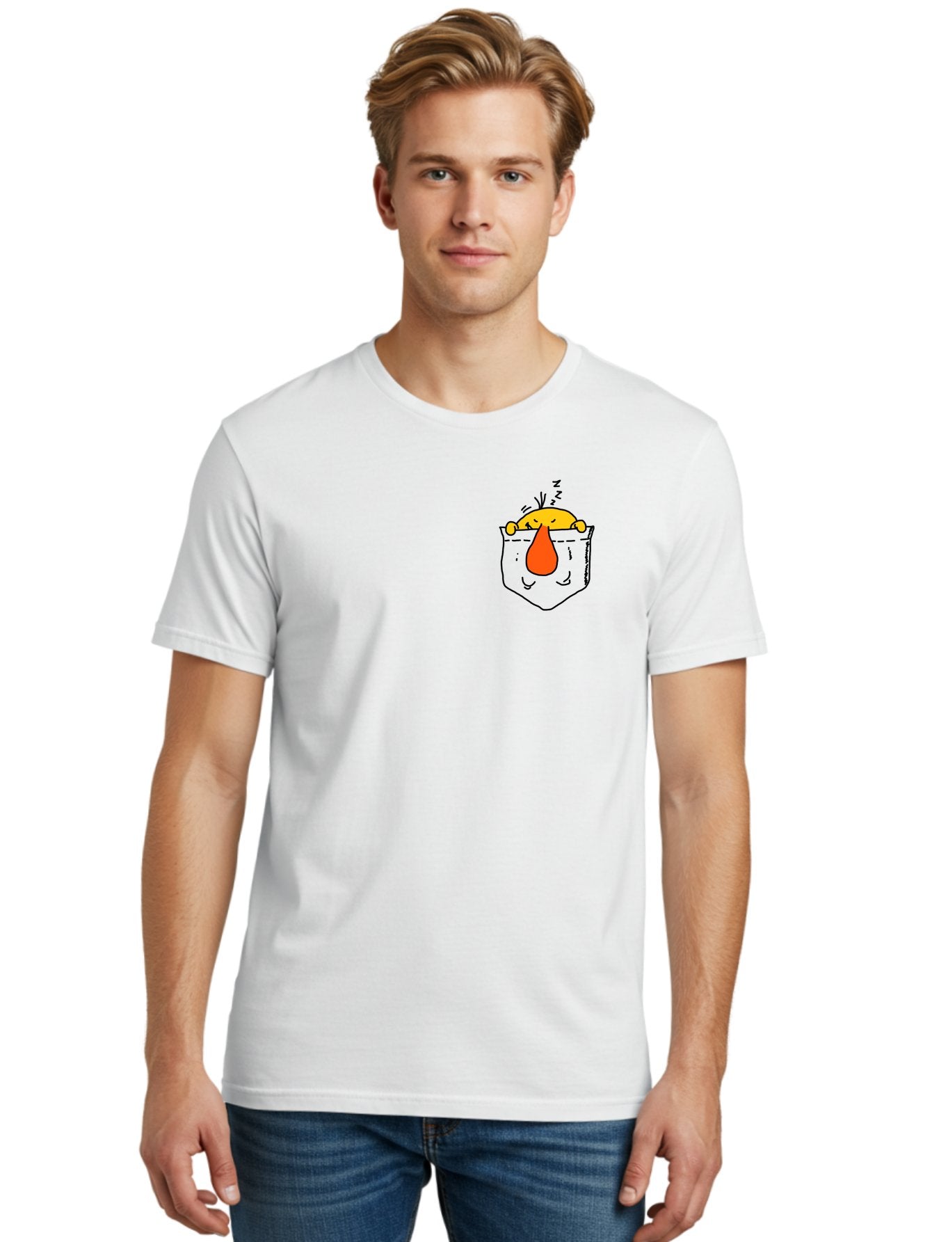 Pocket-Chicken Men'S Graphic Tee, 100% Cotton, Comfortable Casual Summer Wear, Machine Washable, Cartoon Chicken, Crying Face, Pocket Illustration, Orange Teardrop, Emotional Expression, Simple Doodle, Quirky Design, Funny Character -  Aaa114