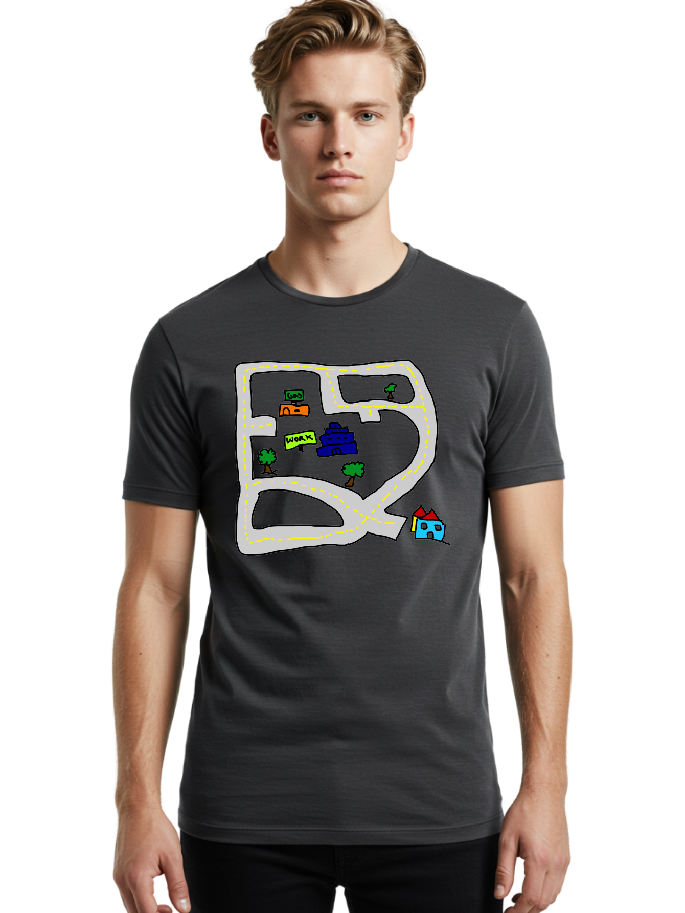 Road-Map Men'S Graphic Tee, 100% Cotton, Comfortable Casual Summer Wear, Machine Washable, Road To Work, Home Sweet Home, Daily Commute, Office Building, Daily Routine, Morning Journey -  Aaa116 20