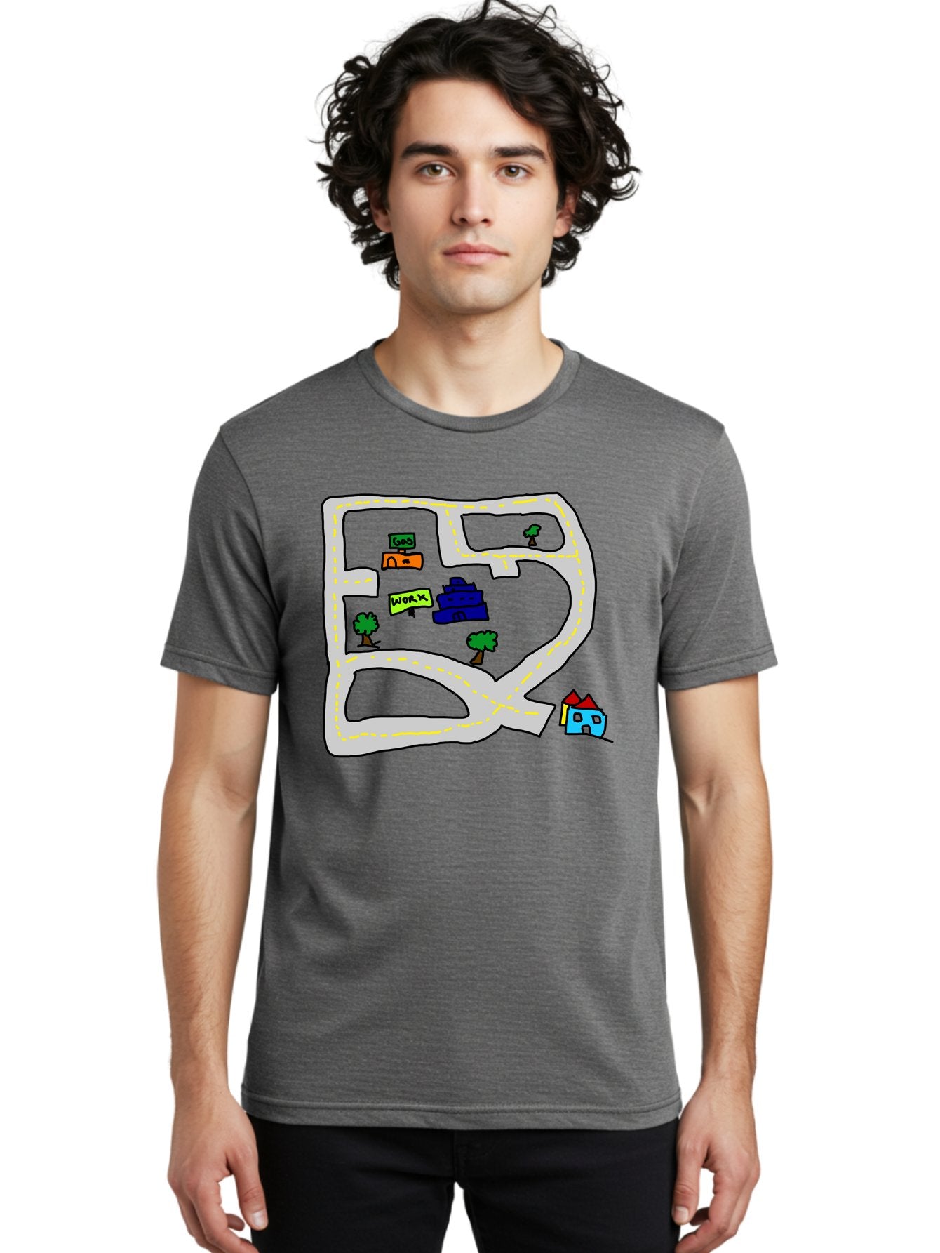 Road-Map Men'S Graphic Tee, 100% Cotton, Comfortable Casual Summer Wear, Machine Washable, Road To Work, Home Sweet Home, Daily Commute, Office Building, Daily Routine, Morning Journey -  Aaa116 26