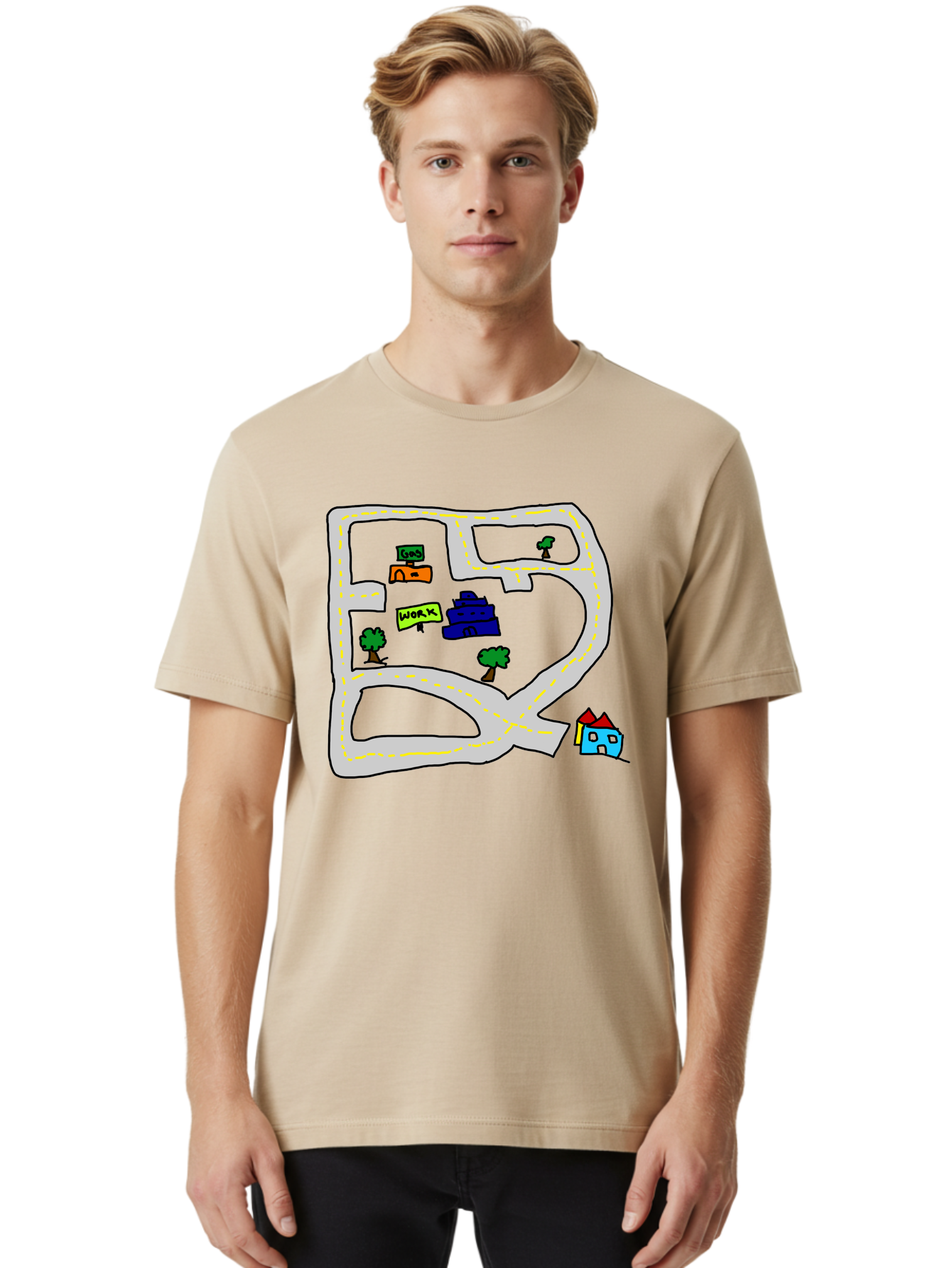 Road-Map Men'S Graphic Tee, 100% Cotton, Comfortable Casual Summer Wear, Machine Washable, Road To Work, Home Sweet Home, Daily Commute, Office Building, Daily Routine, Morning Journey -  Aaa116 28