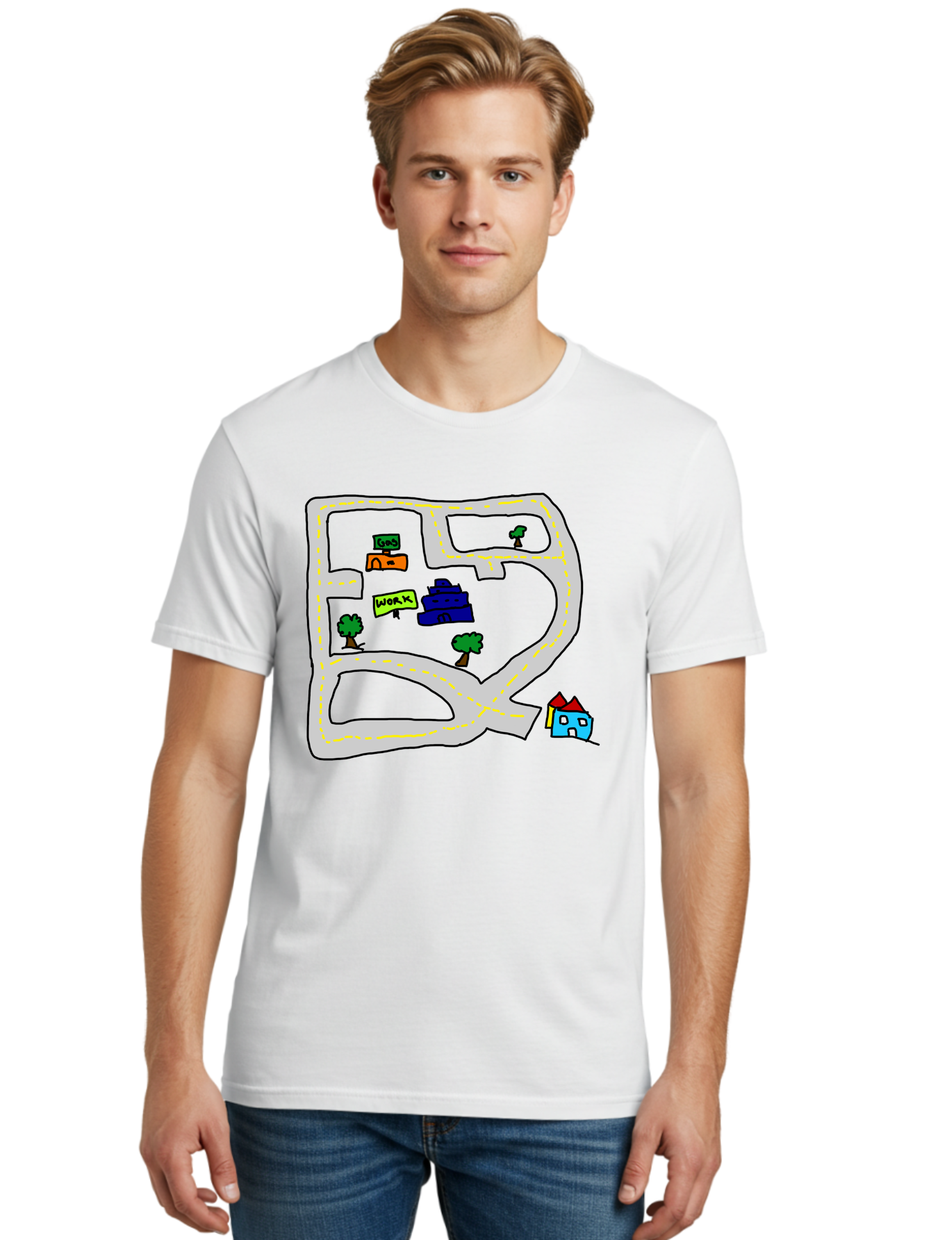 Road-Map Men'S Graphic Tee, 100% Cotton, Comfortable Casual Summer Wear, Machine Washable, Road To Work, Home Sweet Home, Daily Commute, Office Building, Daily Routine, Morning Journey -  Aaa116 16