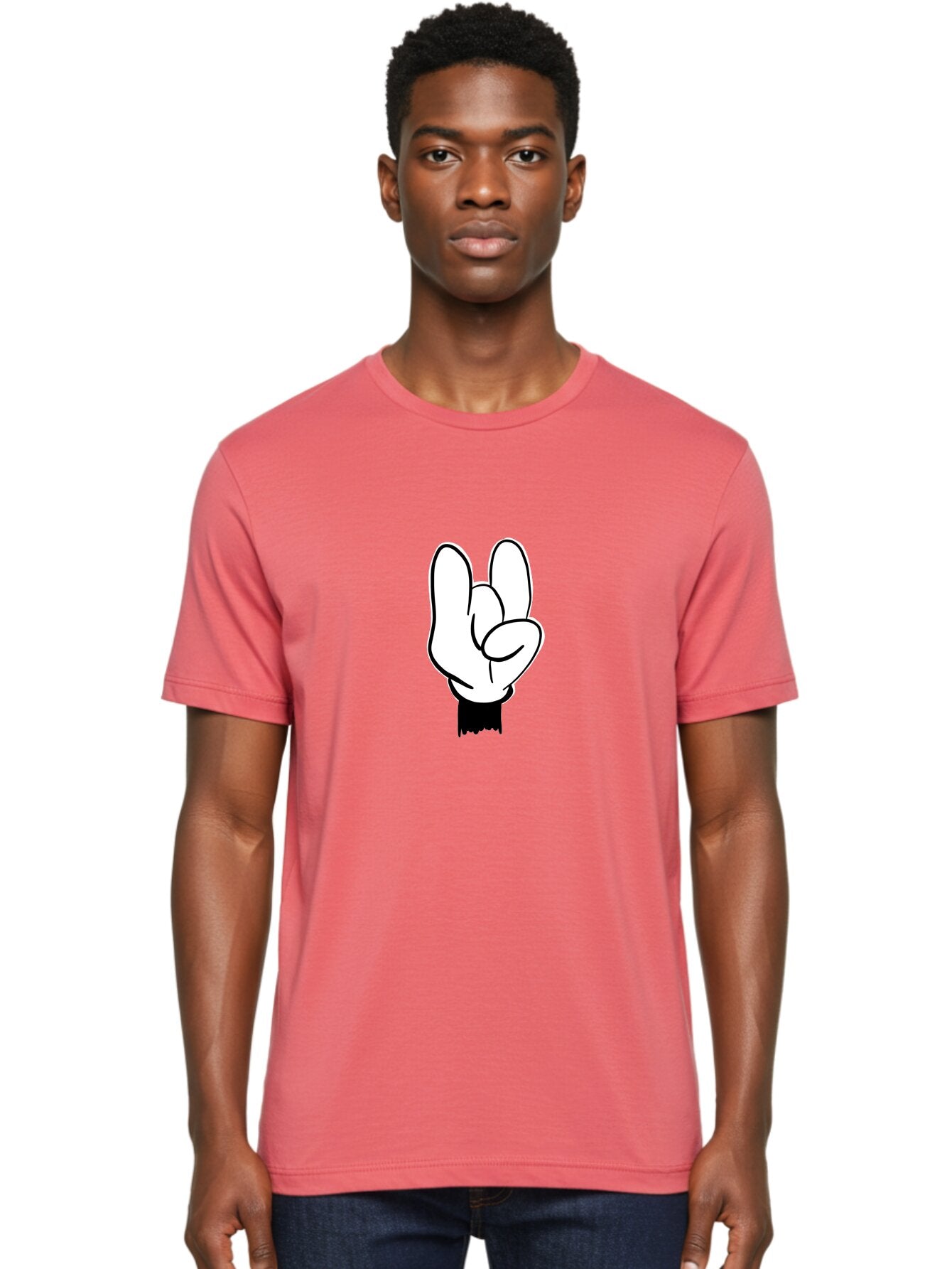 Rock-On-Hand Men'S Graphic Tee, 100% Cotton, Comfortable Casual Summer Wear, Machine Washable, Hand Gesture, Peace Sign, Cartoon Illustration, White Hand, Black Sleeve, Simple Design, Symbol Of Peace, Illustration Art, Graphic Design -  Aaa117 4