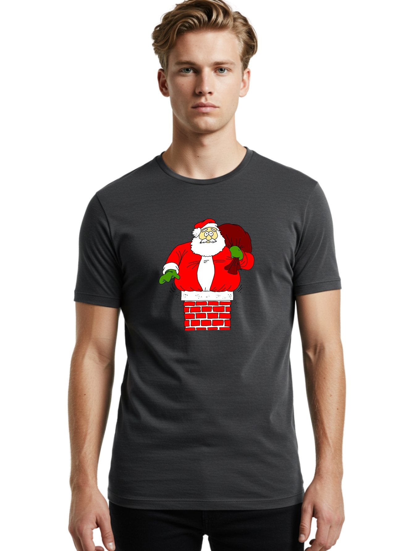 Santa-Claus Men'S Graphic Tee, 100% Cotton, Comfortable Casual Summer Wear, Machine Washable, Santa Claus Emerging From A Chimney, Christmas Magic, Festive Season, Holiday Cheer, Jolly Old Man, Gift Giving, Red Suit, White Beard, -  Aaa118 18