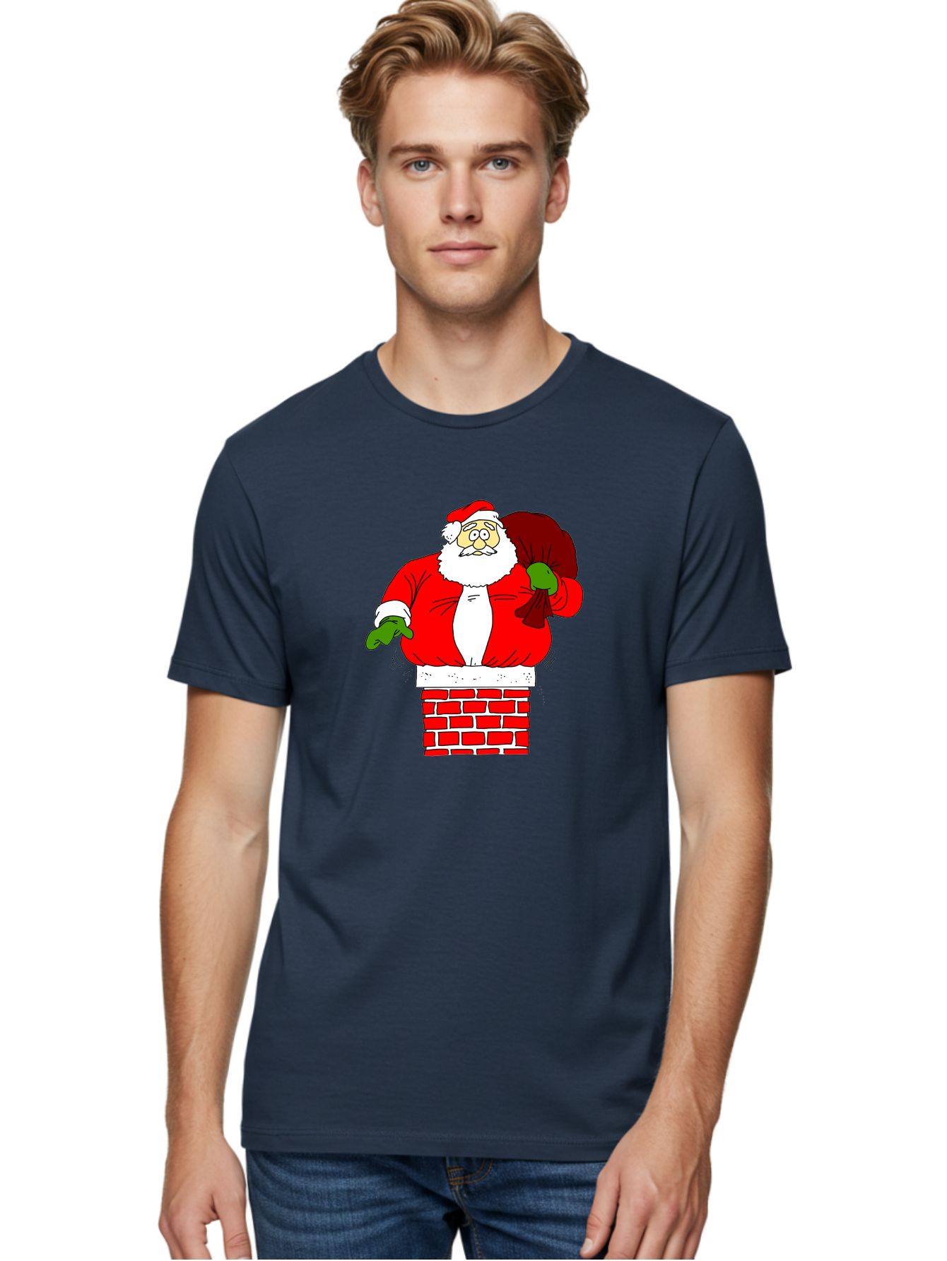 Santa-Claus Men'S Graphic Tee, 100% Cotton, Comfortable Casual Summer Wear, Machine Washable, Santa Claus Emerging From A Chimney, Christmas Magic, Festive Season, Holiday Cheer, Jolly Old Man, Gift Giving, Red Suit, White Beard, -  Aaa118 18
