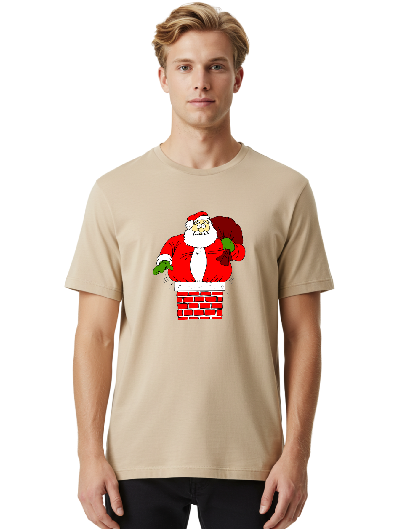 Santa-Claus Men'S Graphic Tee, 100% Cotton, Comfortable Casual Summer Wear, Machine Washable, Santa Claus Emerging From A Chimney, Christmas Magic, Festive Season, Holiday Cheer, Jolly Old Man, Gift Giving, Red Suit, White Beard, -  Aaa118 20