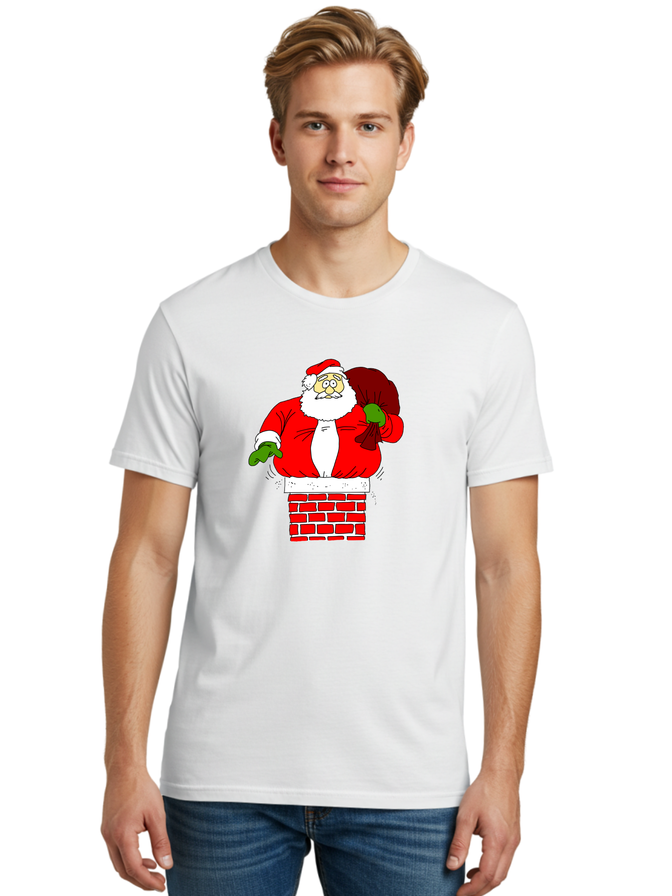 Santa-Claus Men'S Graphic Tee, 100% Cotton, Comfortable Casual Summer Wear, Machine Washable, Santa Claus Emerging From A Chimney, Christmas Magic, Festive Season, Holiday Cheer, Jolly Old Man, Gift Giving, Red Suit, White Beard, -  Aaa118 26