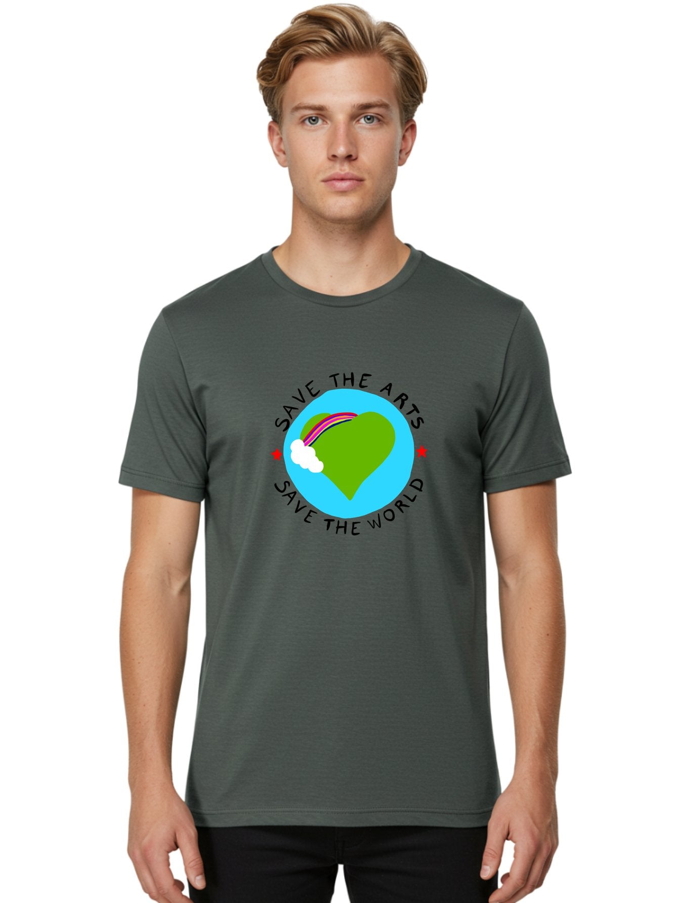 Save-The-Arts-Save-The-World Men'S Graphic Tee, 100% Cotton, Comfortable Casual Summer Wear, Machine Washable, Heart-Shaped Earth, Rainbow, Cloud, Save The Arts, Save The World, Creative Expression, Artistic Activism, -  Aaa120 24