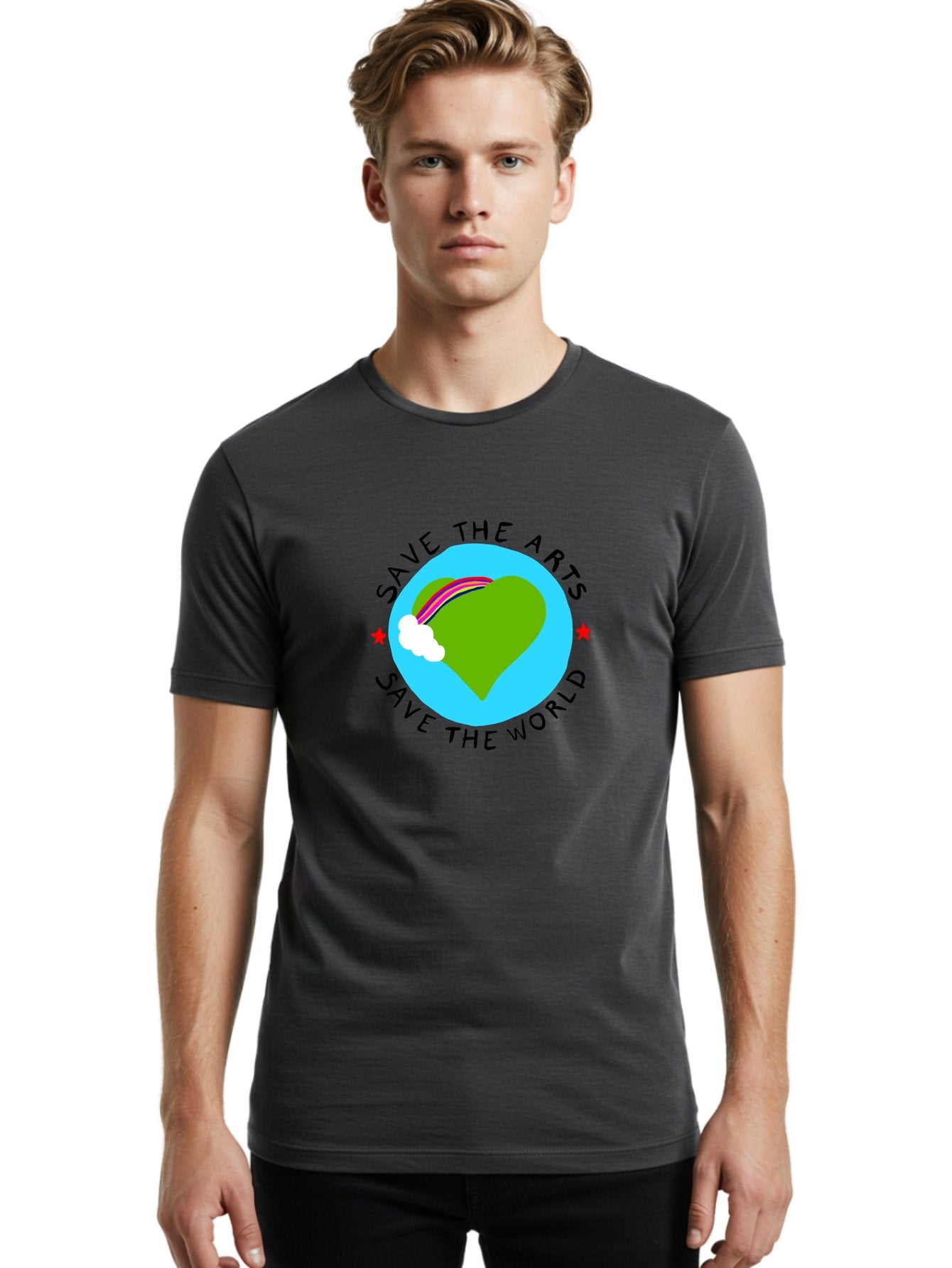 Save-The-Arts-Save-The-World Men'S Graphic Tee, 100% Cotton, Comfortable Casual Summer Wear, Machine Washable, Heart-Shaped Earth, Rainbow, Cloud, Save The Arts, Save The World, Creative Expression, Artistic Activism, -  Aaa120 6