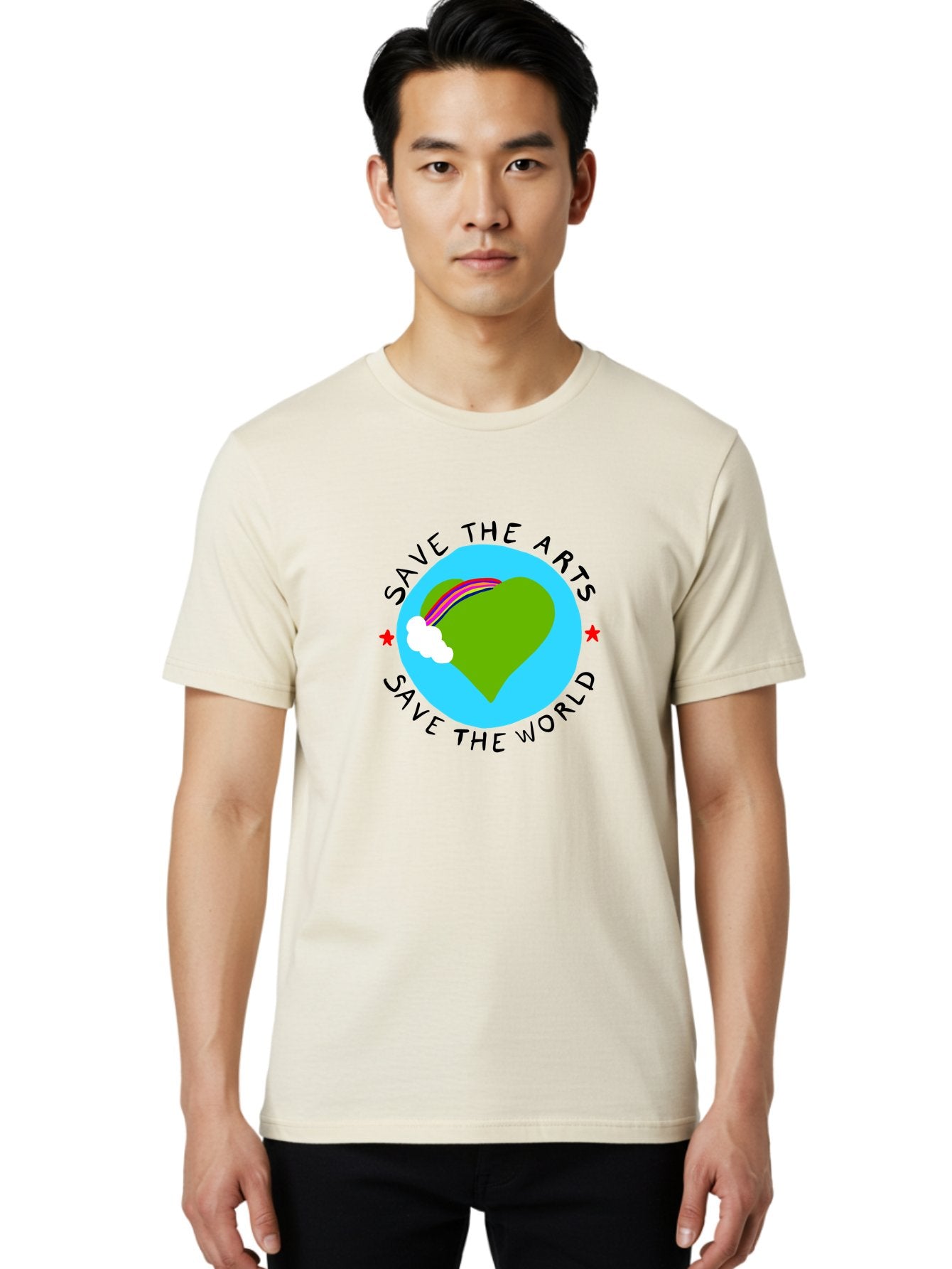 Save-The-Arts-Save-The-World Men'S Graphic Tee, 100% Cotton, Comfortable Casual Summer Wear, Machine Washable, Heart-Shaped Earth, Rainbow, Cloud, Save The Arts, Save The World, Creative Expression, Artistic Activism, -  Aaa120 10