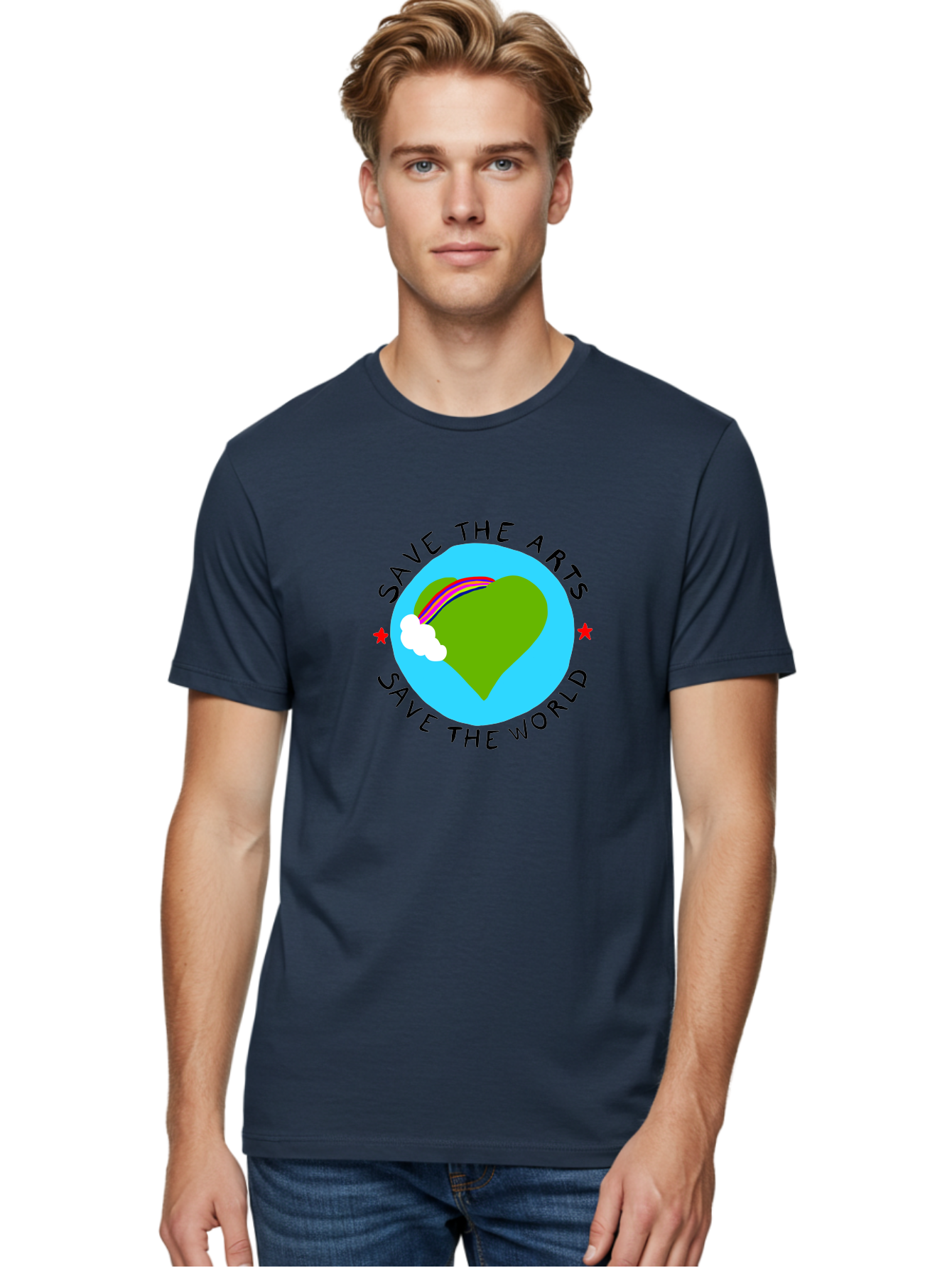 Save-The-Arts-Save-The-World Men'S Graphic Tee, 100% Cotton, Comfortable Casual Summer Wear, Machine Washable, Heart-Shaped Earth, Rainbow, Cloud, Save The Arts, Save The World, Creative Expression, Artistic Activism, -  Aaa120