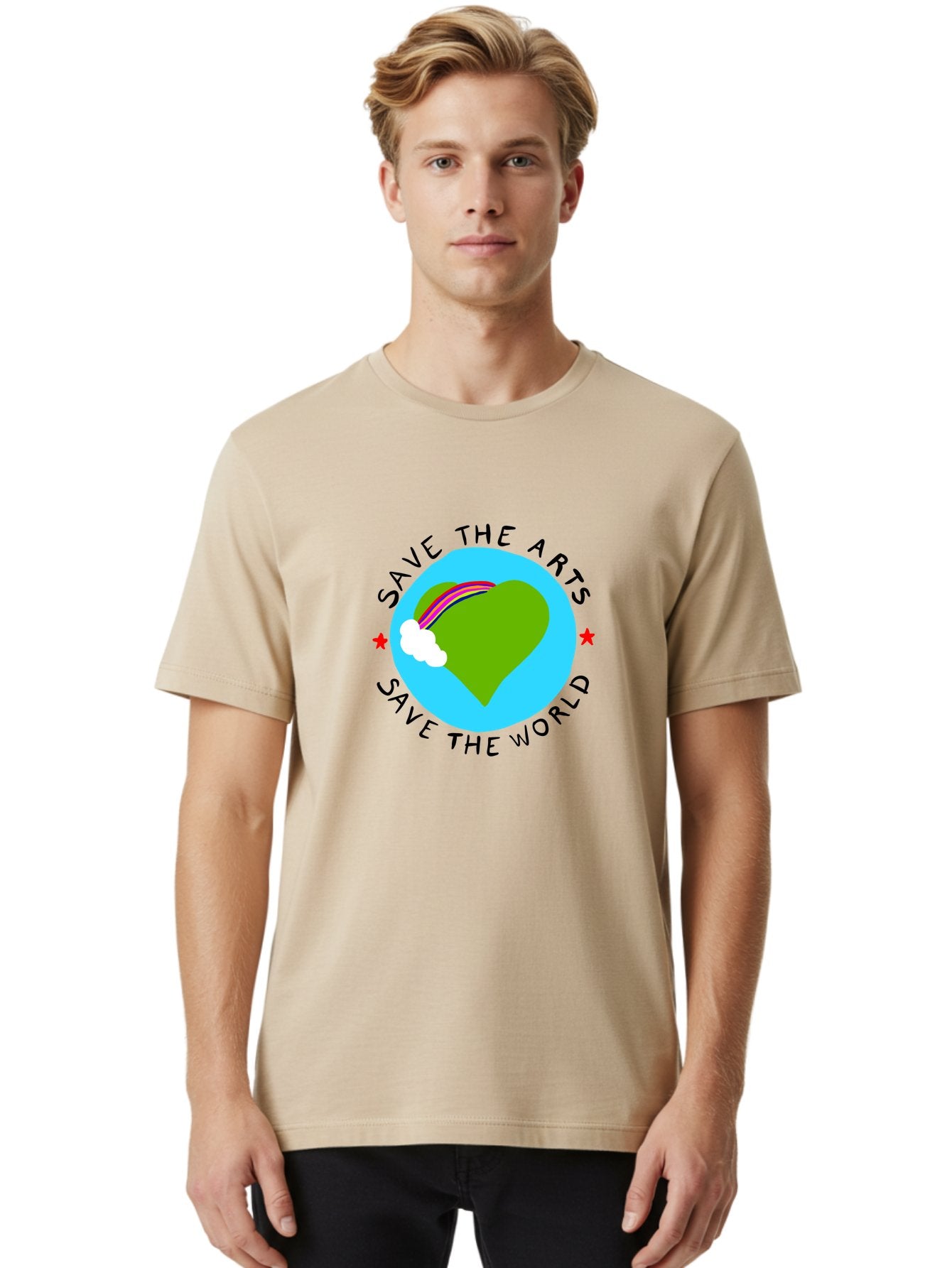 Save-The-Arts-Save-The-World Men'S Graphic Tee, 100% Cotton, Comfortable Casual Summer Wear, Machine Washable, Heart-Shaped Earth, Rainbow, Cloud, Save The Arts, Save The World, Creative Expression, Artistic Activism, -  Aaa120 20