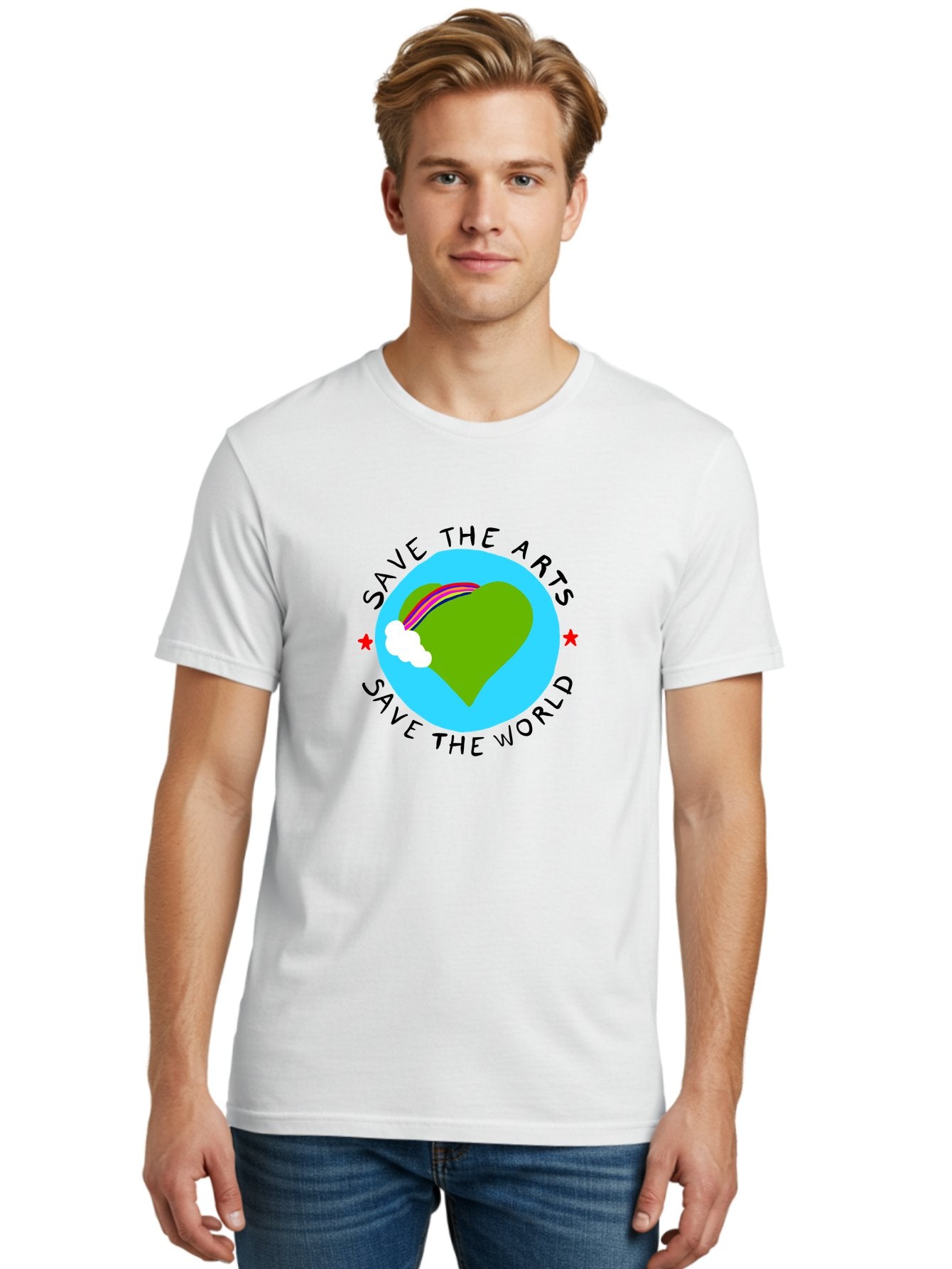 Save-The-Arts-Save-The-World Men'S Graphic Tee, 100% Cotton, Comfortable Casual Summer Wear, Machine Washable, Heart-Shaped Earth, Rainbow, Cloud, Save The Arts, Save The World, Creative Expression, Artistic Activism, -  Aaa120 18