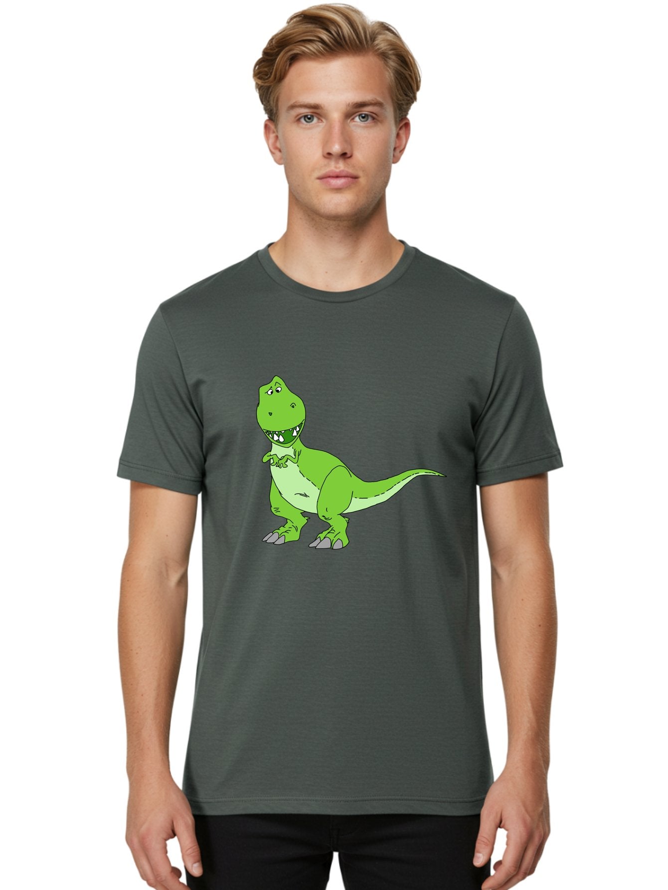 T-Rex Men'S Graphic Tee, 100% Cotton, Comfortable Casual Summer Wear, Machine Washable, Cartoon T-Rex, Green Dinosaur, Prehistoric Creature, Toothy Grin, Playful Expression, Dinosaur Illustration, Children'S Character, Fun And Friendly, -  Aaa128 30