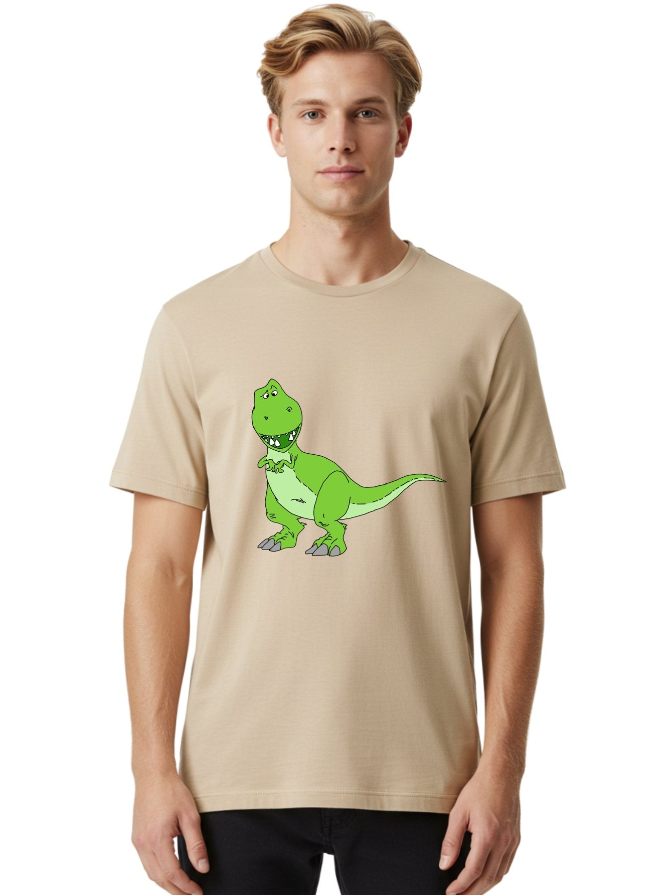 T-Rex Men'S Graphic Tee, 100% Cotton, Comfortable Casual Summer Wear, Machine Washable, Cartoon T-Rex, Green Dinosaur, Prehistoric Creature, Toothy Grin, Playful Expression, Dinosaur Illustration, Children'S Character, Fun And Friendly, -  Aaa128