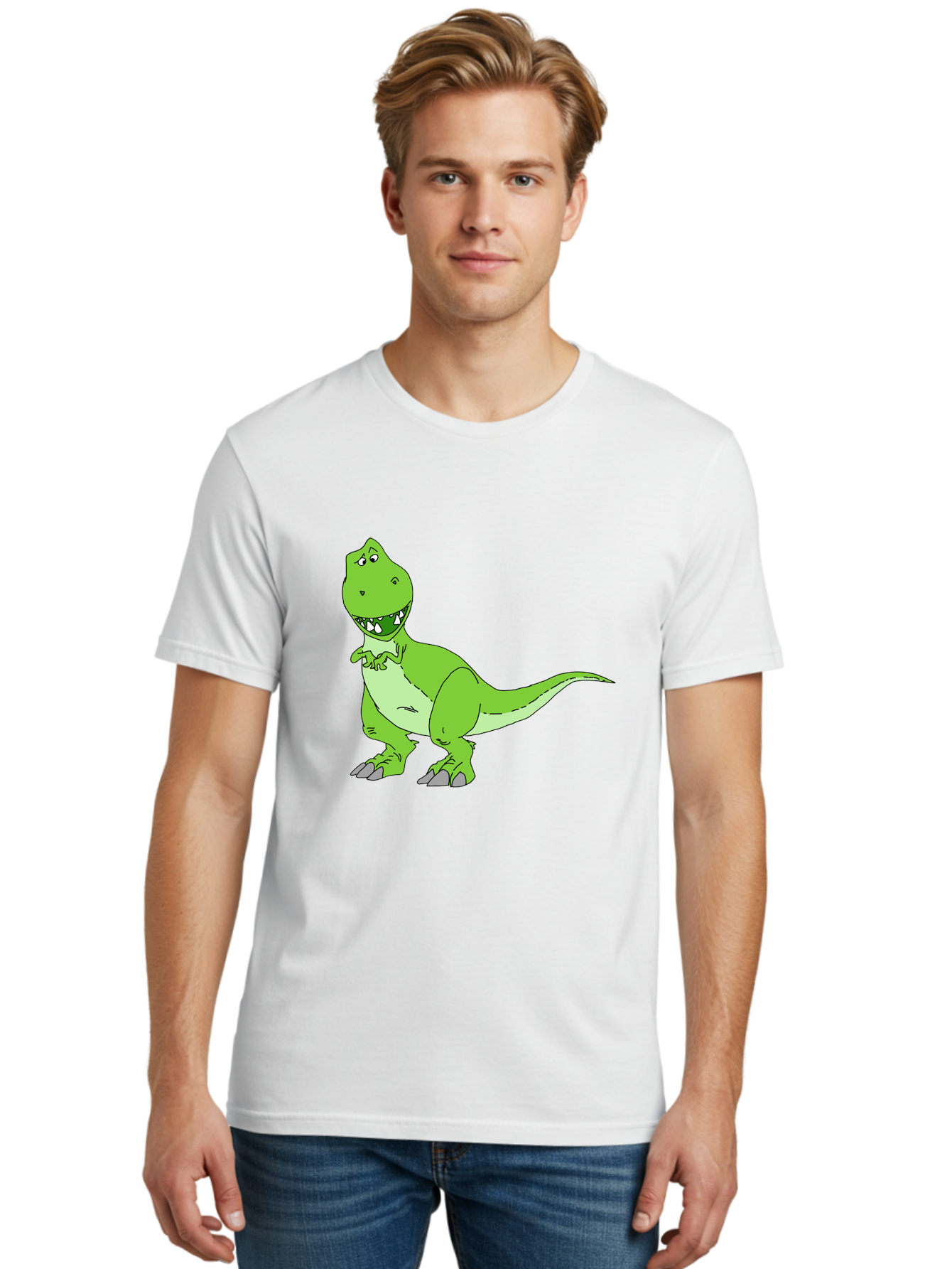 T-Rex Men'S Graphic Tee, 100% Cotton, Comfortable Casual Summer Wear, Machine Washable, Cartoon T-Rex, Green Dinosaur, Prehistoric Creature, Toothy Grin, Playful Expression, Dinosaur Illustration, Children'S Character, Fun And Friendly, -  Aaa128