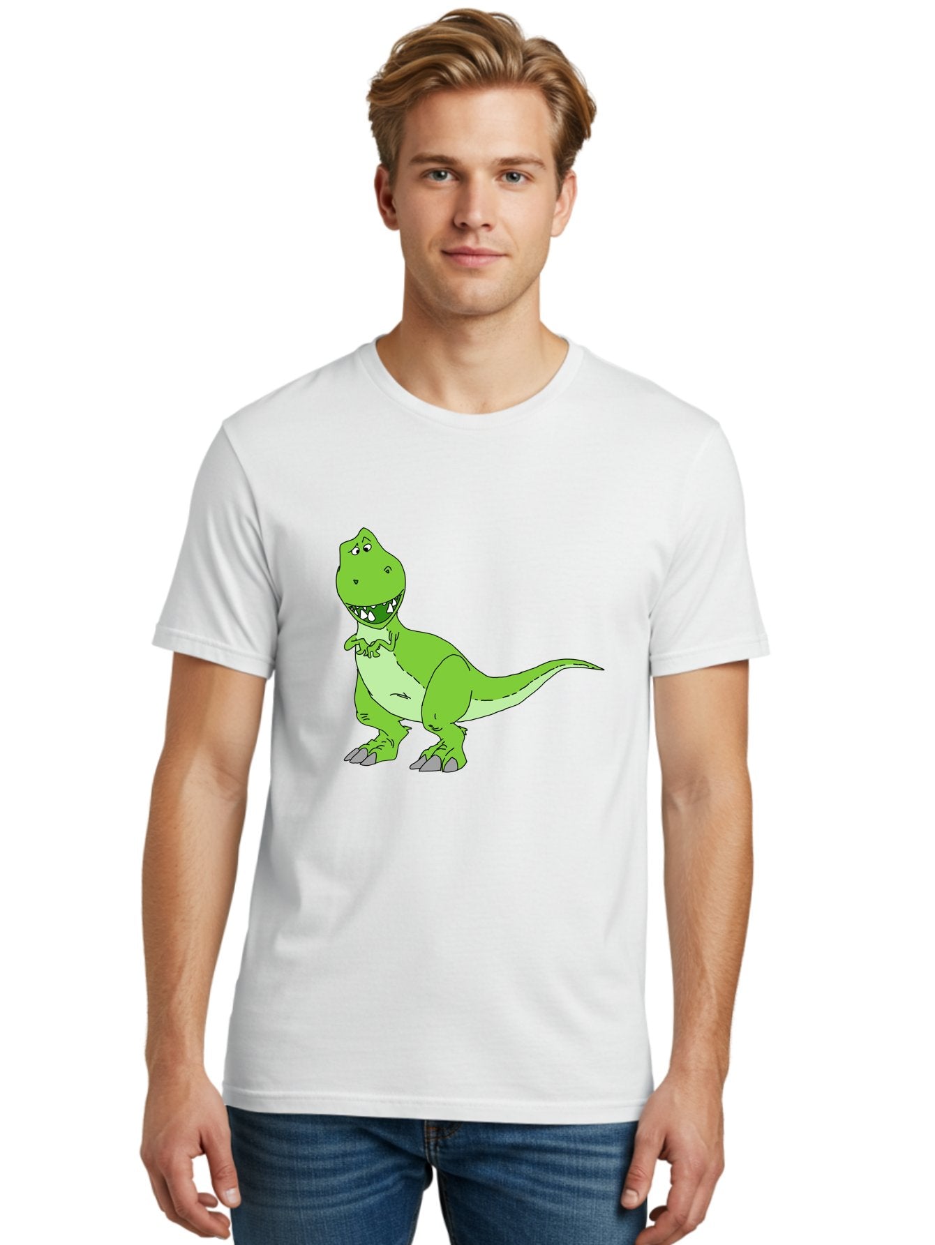 T-Rex Men'S Graphic Tee, 100% Cotton, Comfortable Casual Summer Wear, Machine Washable, Cartoon T-Rex, Green Dinosaur, Prehistoric Creature, Toothy Grin, Playful Expression, Dinosaur Illustration, Children'S Character, Fun And Friendly, -  Aaa128 20