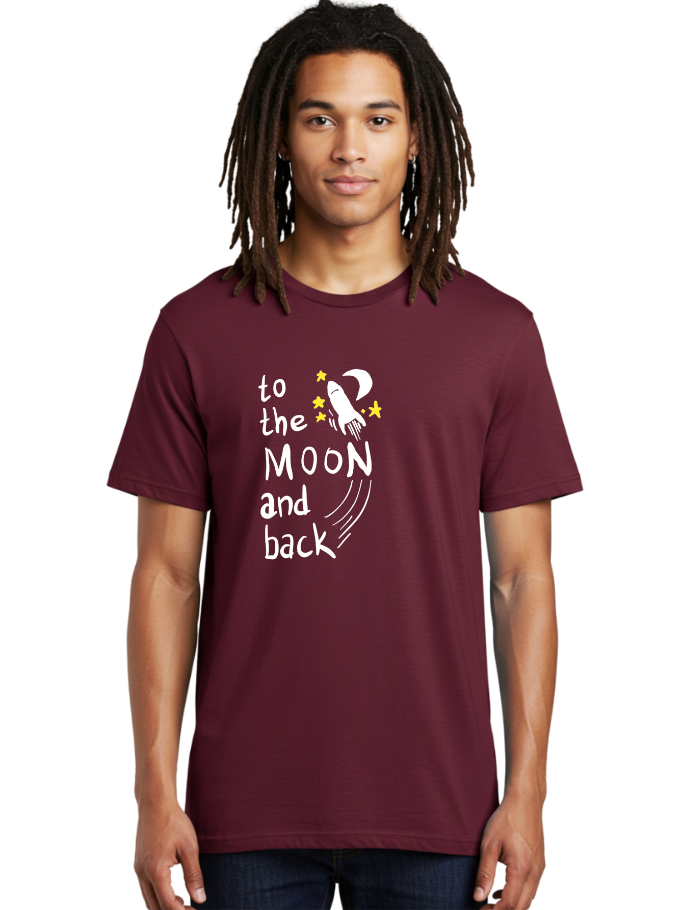 To-The-Moon-And-Back Men'S Graphic Tee, 100% Cotton, Comfortable Casual Summer Wear, Machine Washable, Space Travel, Rocket Ship, Moon Adventure, Love Phrase, Starry Night, Celestial Journey, Quirky Typography, Whimsical Illustration -  Aaa134