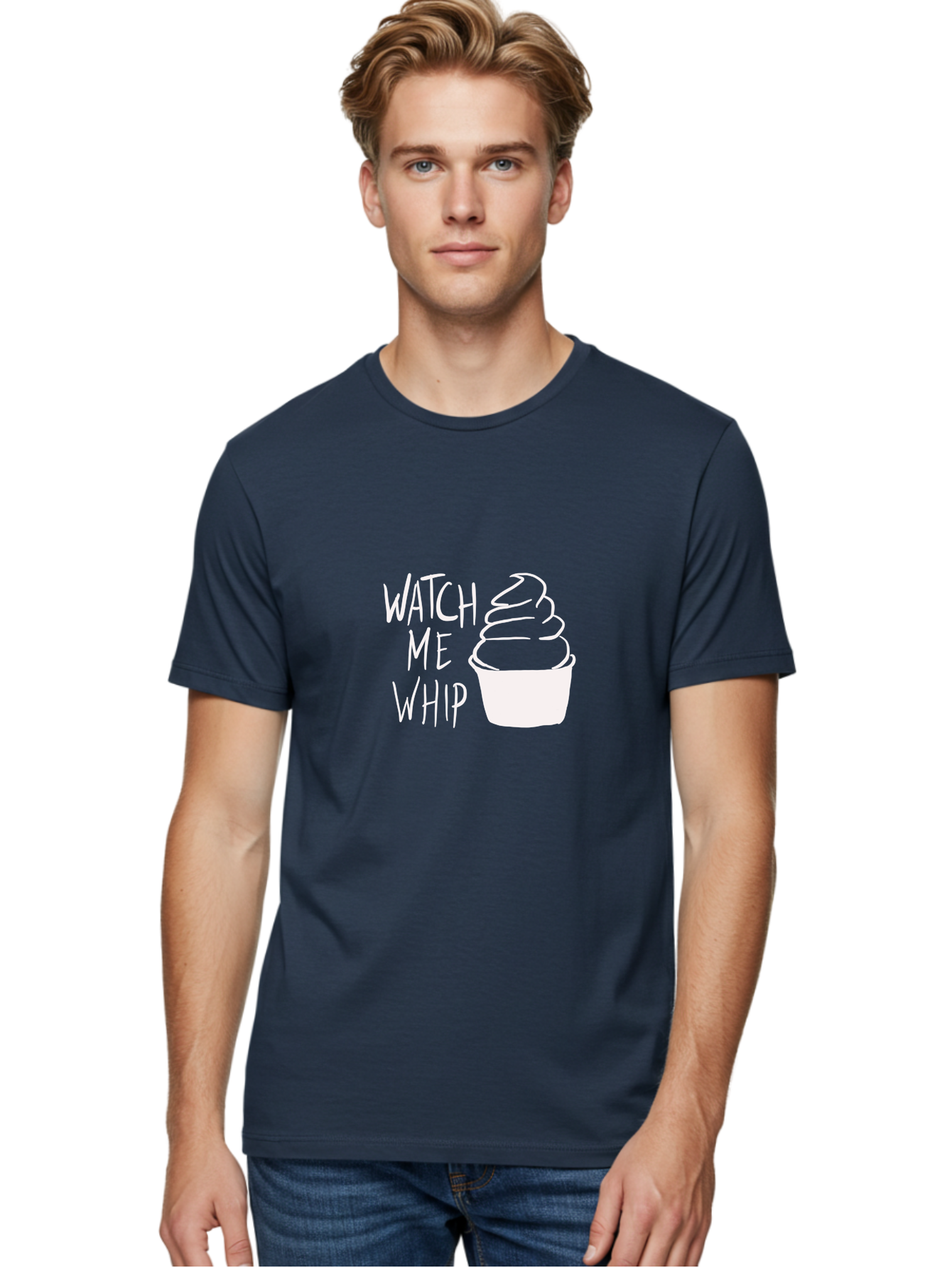 Watch-Me-Whip Men'S Graphic Tee, 100% Cotton, Comfortable Casual Summer Wear, Machine Washable, Whipped Cream, Soft Serve, Cup, Sweet Treat, Frozen Yogurt, Dessert, Fun Phrase, Playful Design, White Illustration, Watch Me Whip -  Aaa138