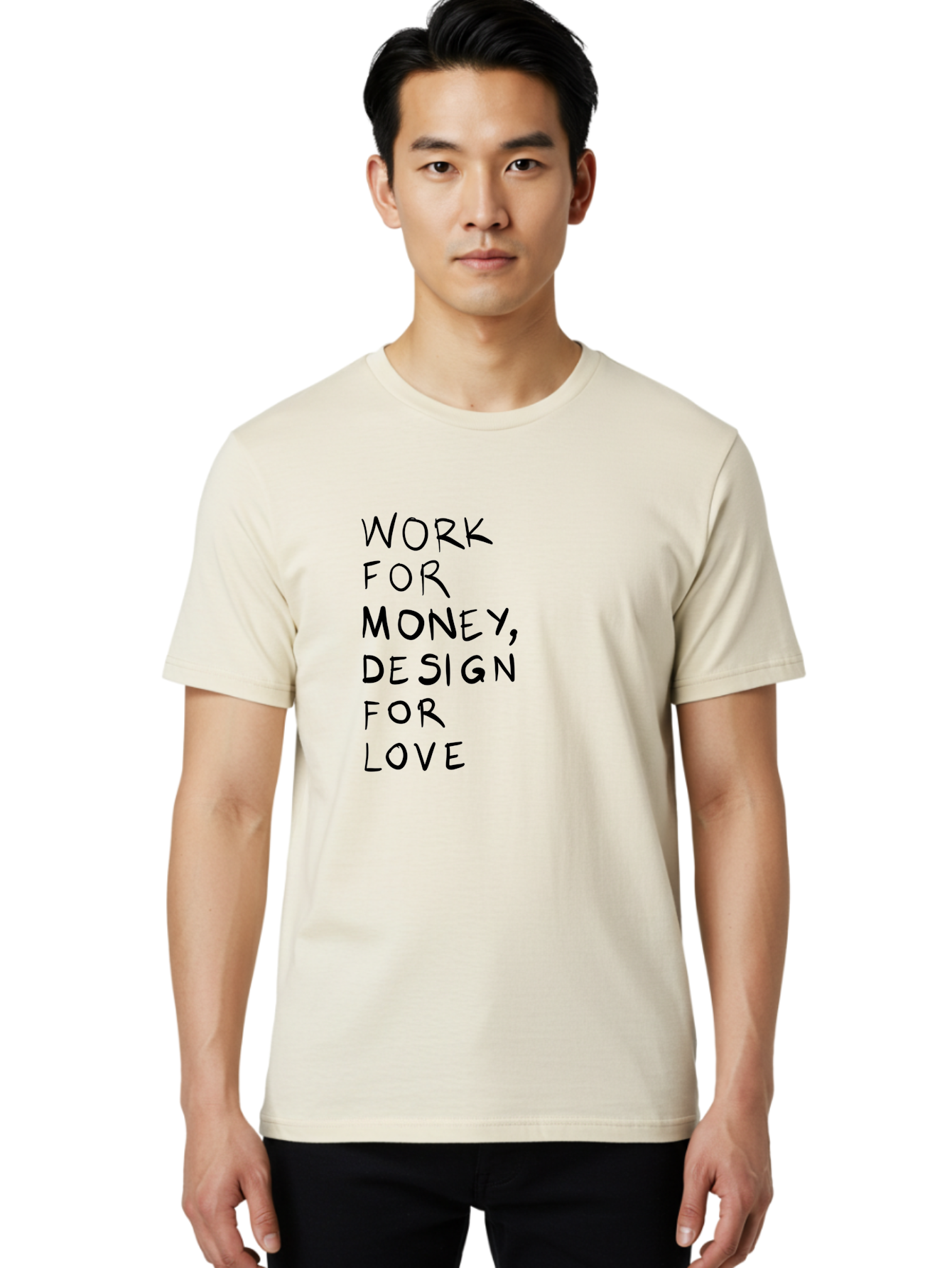 Work-For-Money-Design-For-Love Men'S Graphic Tee, 100% Cotton, Comfortable Casual Summer Wear, Machine Washable, Inspirational Quote, Motivational Message, Design Philosophy, Work Life Balance, Passion For Design, Creativity, Modern Art -  Aaa143