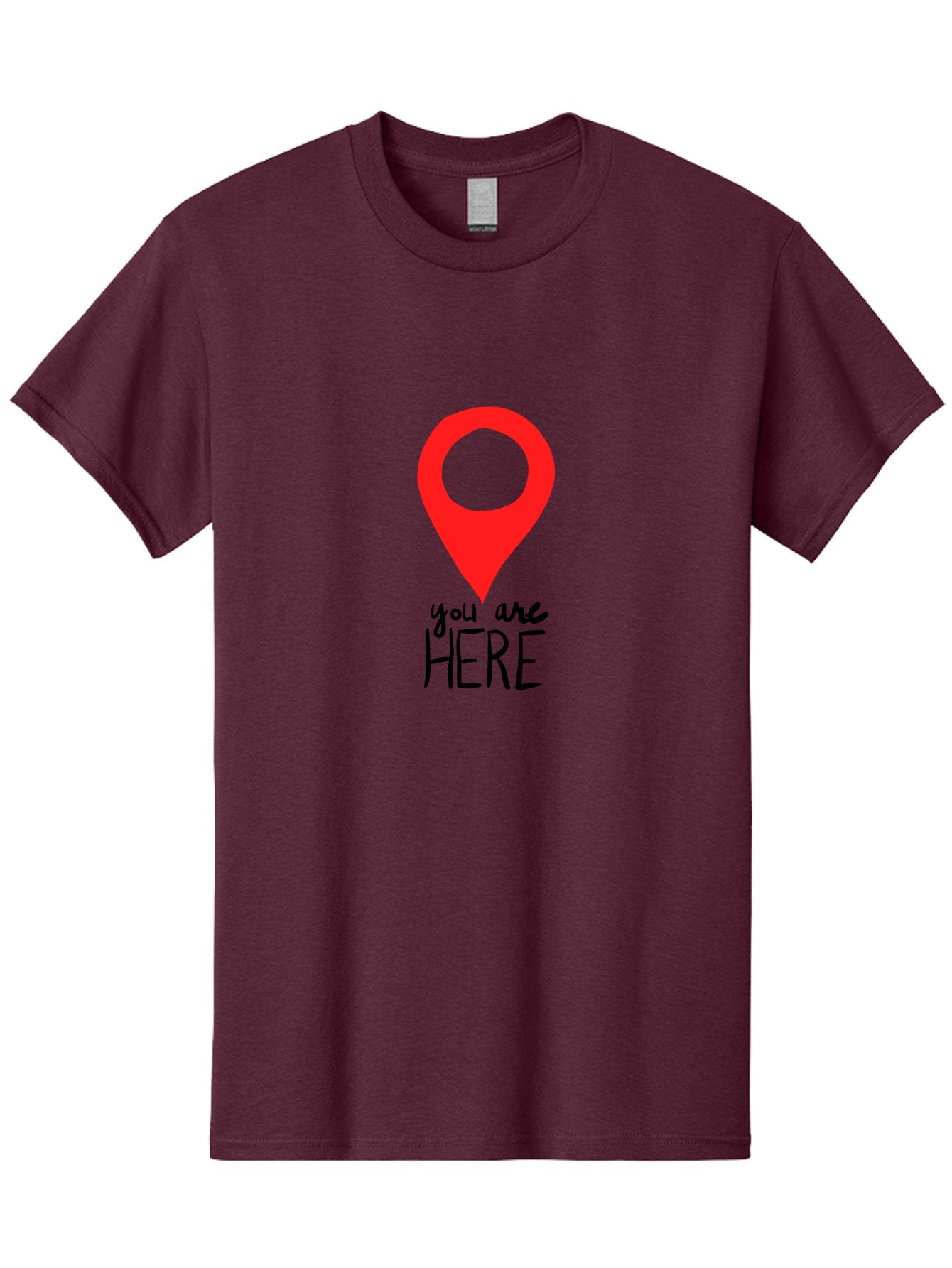 You-Are-Here Men'S Graphic Tee, 100% Cotton, Comfortable Casual Summer Wear, Machine Washable, Map Pin, Location Marker, Navigation Symbol, Gps Indicator, Direction Pointer, Red Icon, Black Text, You Are Here Sign -  Aaa147 7