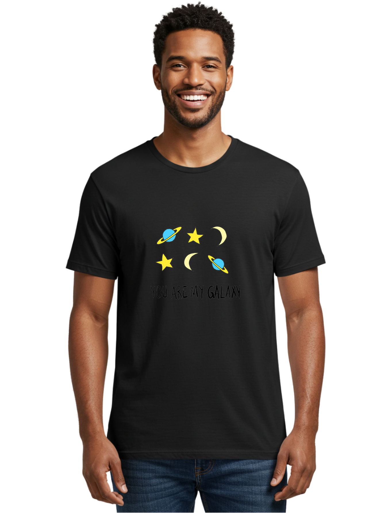 You-Are-My-Galaxy Men'S Graphic Tee, 100% Cotton, Comfortable Casual Summer Wear, Machine Washable, Galaxy Illustration, Celestial Bodies, Stars, Planets, Moons, Romantic Quote, Love Message, Cartoon Graphics, Whimsical Design, Space Theme, -  Aaa148 30