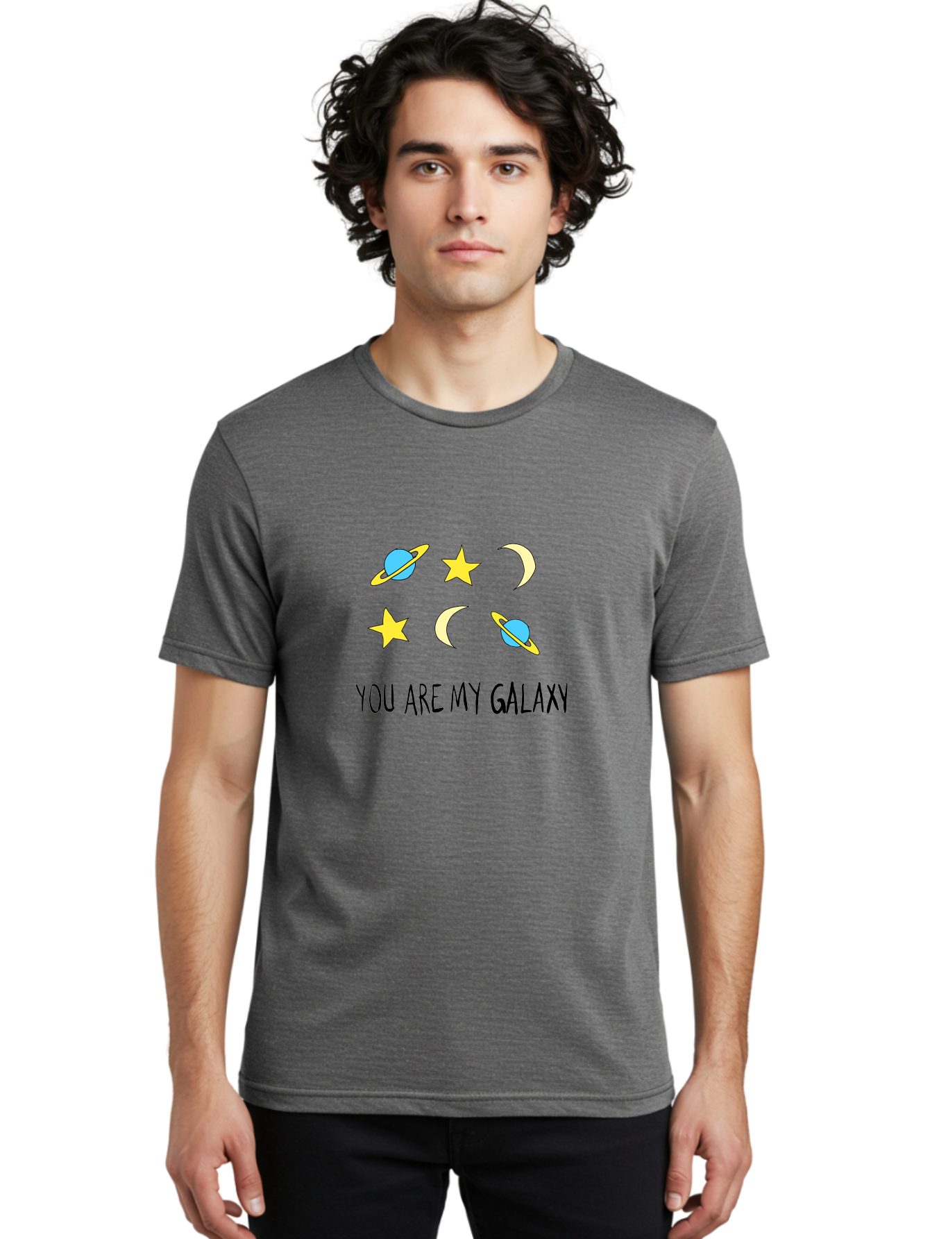 You-Are-My-Galaxy Men'S Graphic Tee, 100% Cotton, Comfortable Casual Summer Wear, Machine Washable, Galaxy Illustration, Celestial Bodies, Stars, Planets, Moons, Romantic Quote, Love Message, Cartoon Graphics, Whimsical Design, Space Theme, -  Aaa148 10