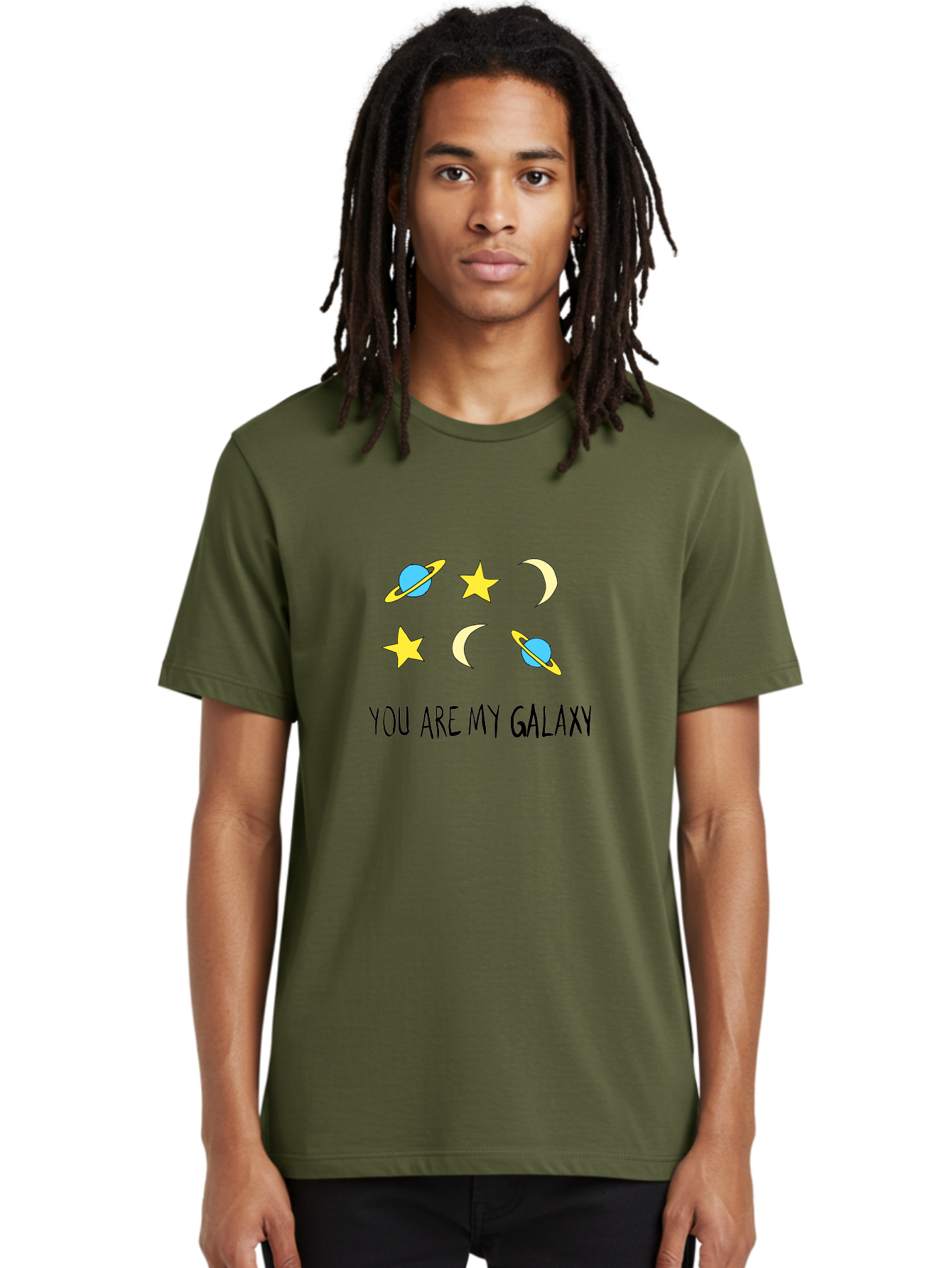 You-Are-My-Galaxy Men'S Graphic Tee, 100% Cotton, Comfortable Casual Summer Wear, Machine Washable, Galaxy Illustration, Celestial Bodies, Stars, Planets, Moons, Romantic Quote, Love Message, Cartoon Graphics, Whimsical Design, Space Theme, -  Aaa148 26