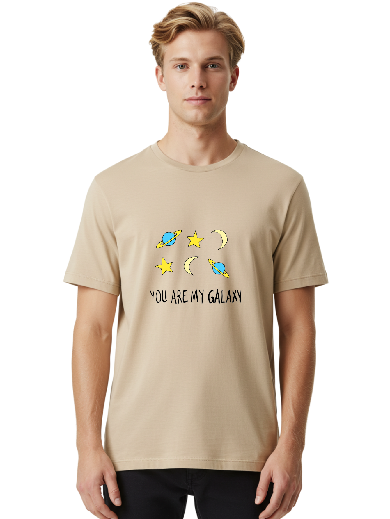 You-Are-My-Galaxy Men'S Graphic Tee, 100% Cotton, Comfortable Casual Summer Wear, Machine Washable, Galaxy Illustration, Celestial Bodies, Stars, Planets, Moons, Romantic Quote, Love Message, Cartoon Graphics, Whimsical Design, Space Theme, -  Aaa148 28