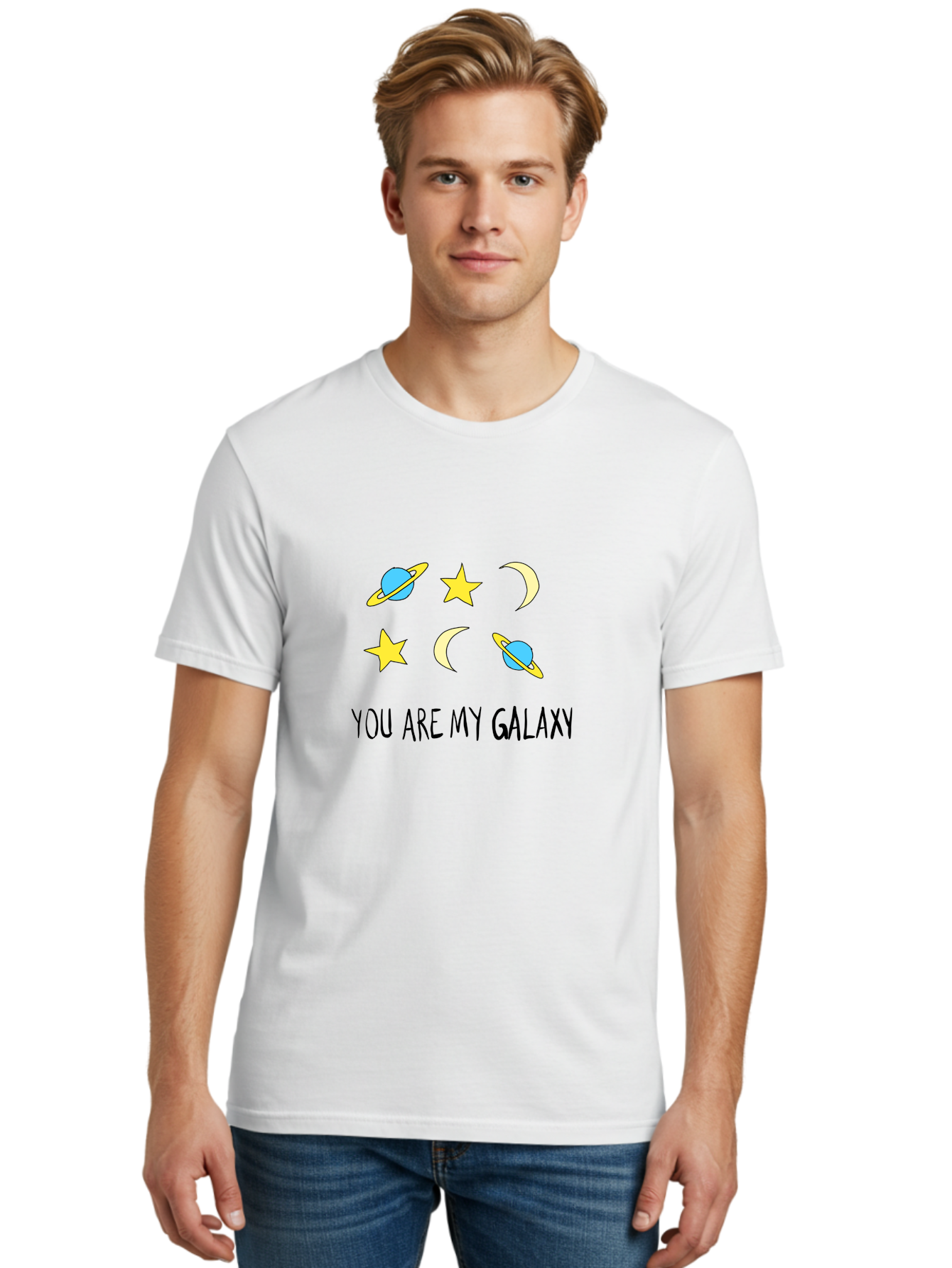 You-Are-My-Galaxy Men'S Graphic Tee, 100% Cotton, Comfortable Casual Summer Wear, Machine Washable, Galaxy Illustration, Celestial Bodies, Stars, Planets, Moons, Romantic Quote, Love Message, Cartoon Graphics, Whimsical Design, Space Theme, -  Aaa148 16