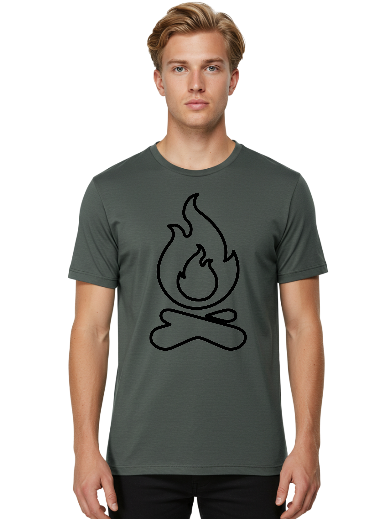 Campfire-2 Men'S Graphic Tee, 100% Cotton, Comfortable Casual Summer Wear, Machine Washable, Simple Line Art, Camp Fire Icon, Minimalist Design, Black Outline, Flame Symbol, Outdoor Adventure, Camping Theme, Warm Ambiance, -  Aaa162