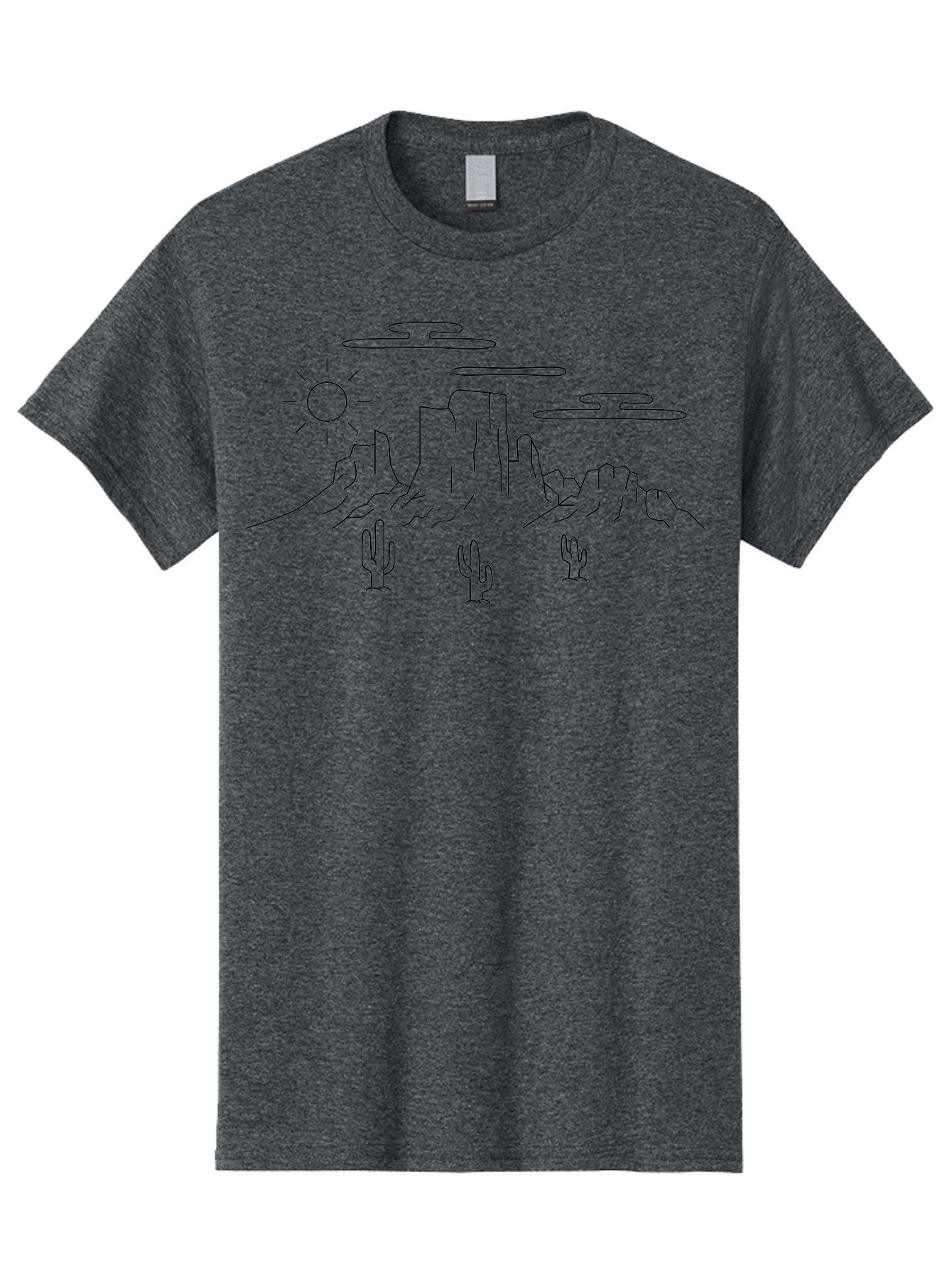 Desert-Landscape Men'S Graphic Tee, 100% Cotton, Comfortable Casual Summer Wear, Machine Washable, Desert Scene, Rocky Mountains, Cacti, Sun, Clouds, Minimalist Design, Simple Shapes, Black Outline, Serene Atmosphere, Southwest Landscape -  Aaa184 3