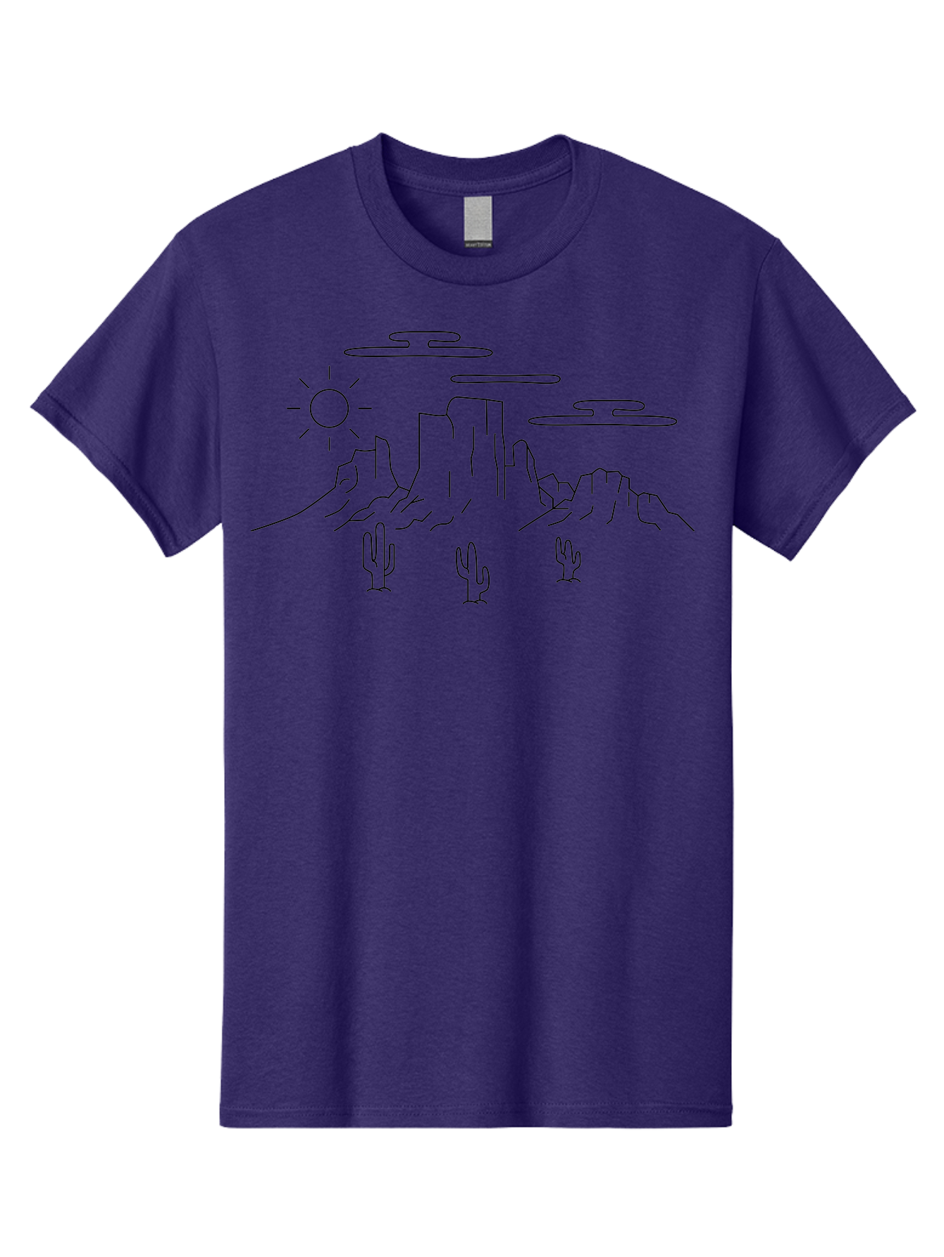 Desert-Landscape Men'S Graphic Tee, 100% Cotton, Comfortable Casual Summer Wear, Machine Washable, Desert Scene, Rocky Mountains, Cacti, Sun, Clouds, Minimalist Design, Simple Shapes, Black Outline, Serene Atmosphere, Southwest Landscape -  Aaa184 15