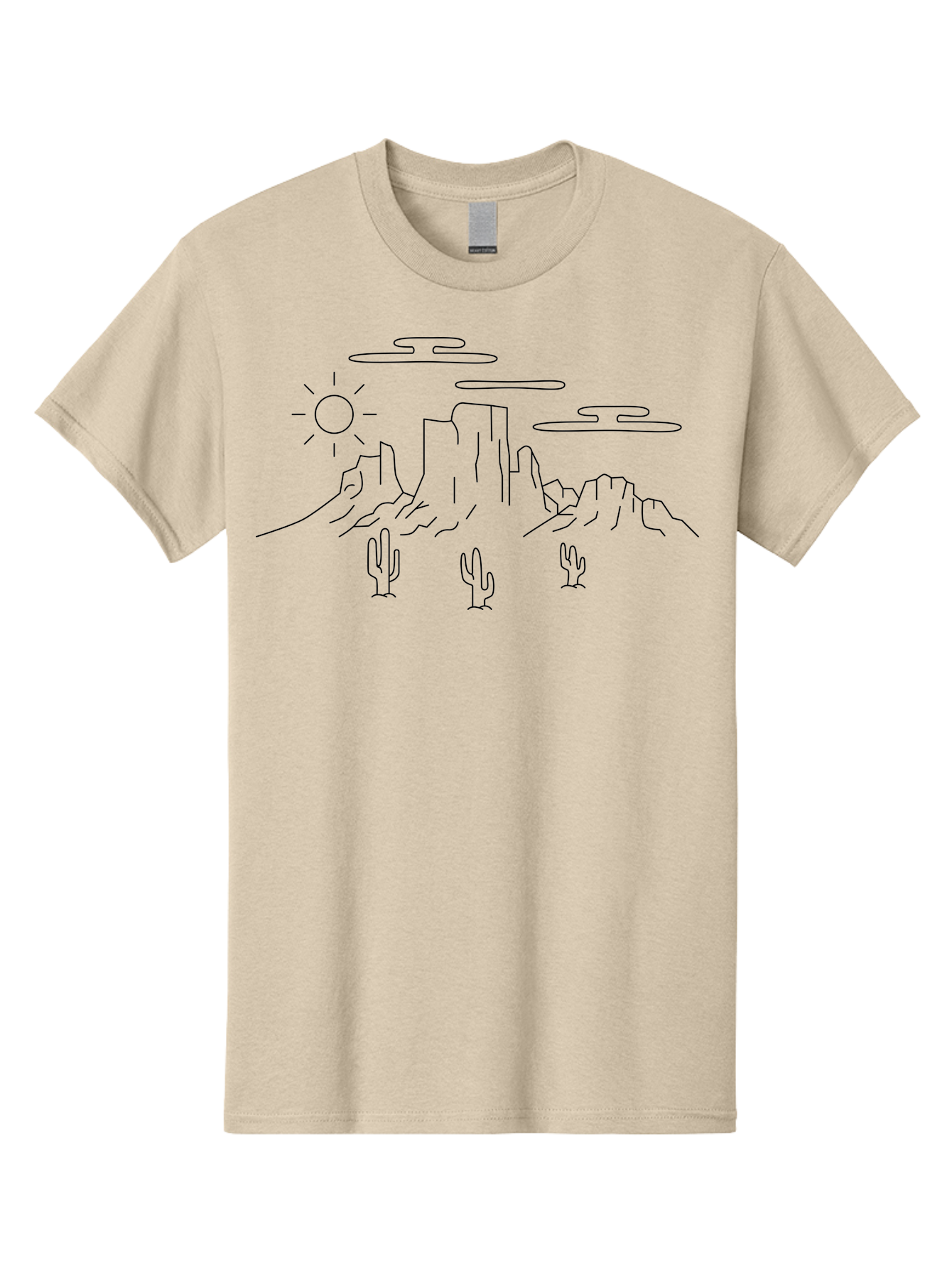 Desert-Landscape Men'S Graphic Tee, 100% Cotton, Comfortable Casual Summer Wear, Machine Washable, Desert Scene, Rocky Mountains, Cacti, Sun, Clouds, Minimalist Design, Simple Shapes, Black Outline, Serene Atmosphere, Southwest Landscape -  Aaa184