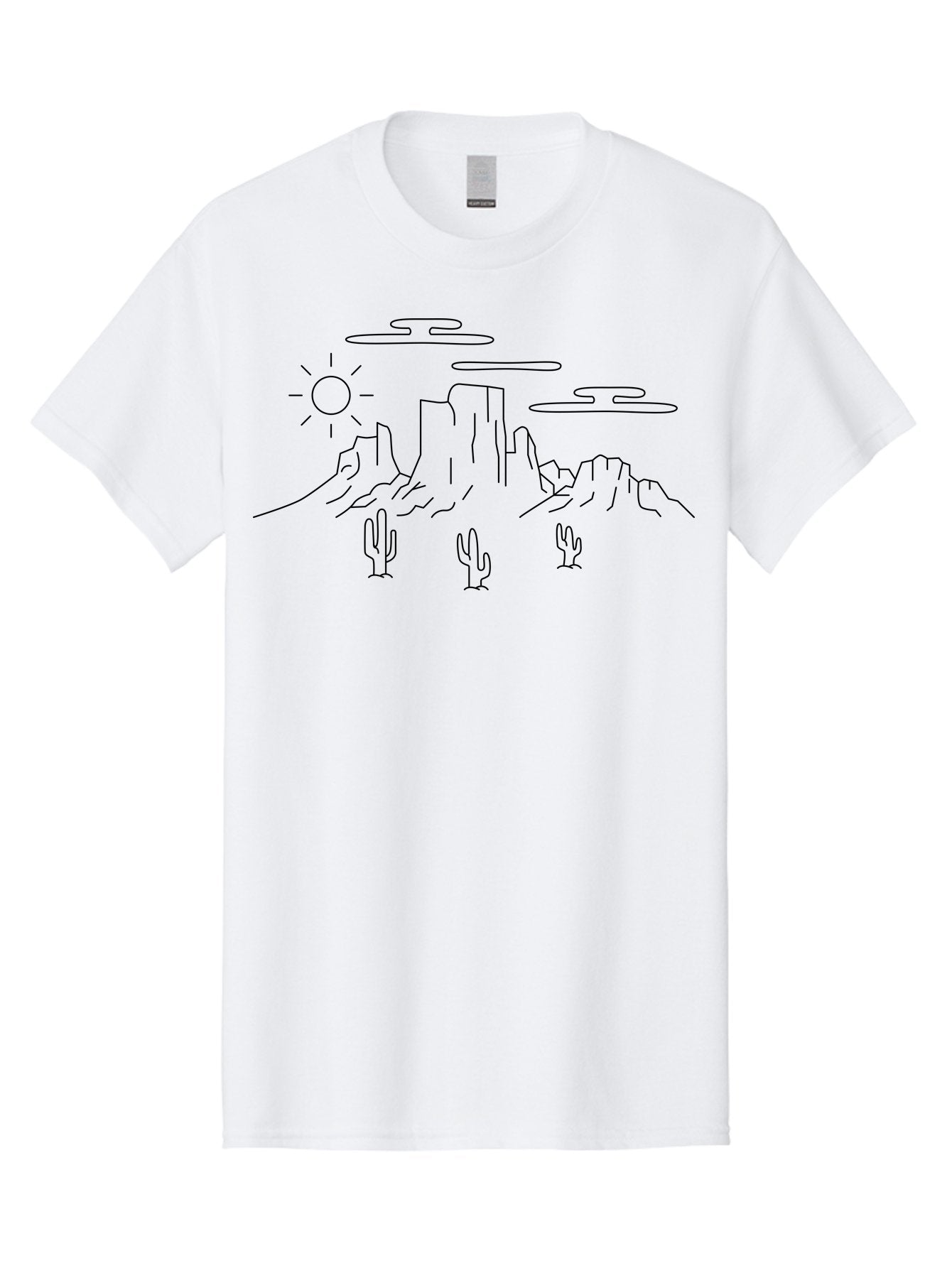 Desert-Landscape Men'S Graphic Tee, 100% Cotton, Comfortable Casual Summer Wear, Machine Washable, Desert Scene, Rocky Mountains, Cacti, Sun, Clouds, Minimalist Design, Simple Shapes, Black Outline, Serene Atmosphere, Southwest Landscape -  Aaa184 21