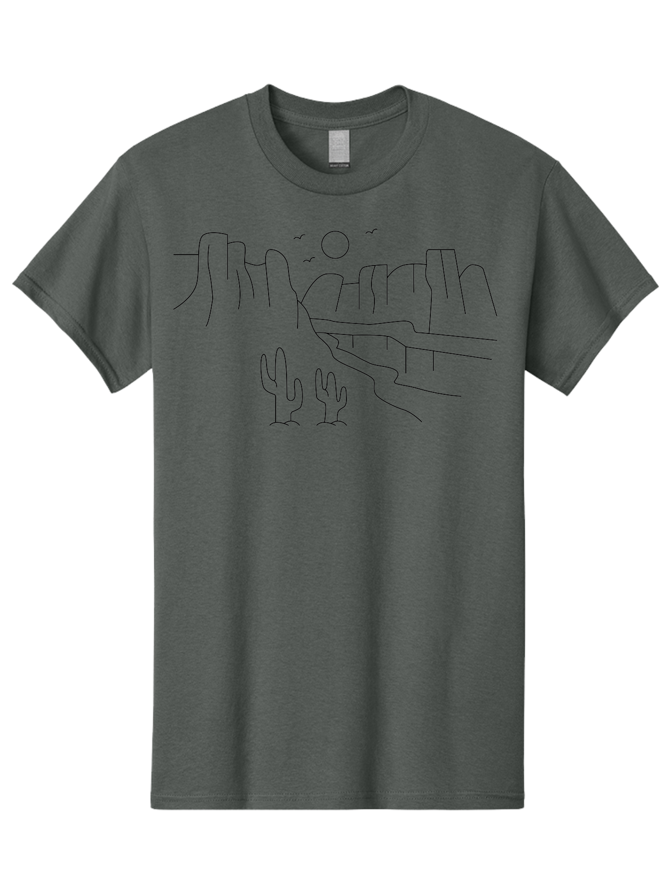 Desert-Scene Men'S Graphic Tee, 100% Cotton, Comfortable Casual Summer Wear, Machine Washable, Desert Landscape, Cacti, Rocky Cliffs, Birds Flying, Sun Shining, Simple Line Art, Minimalist Design, Outdoor Scenery, Natural Beauty -  Aaa185