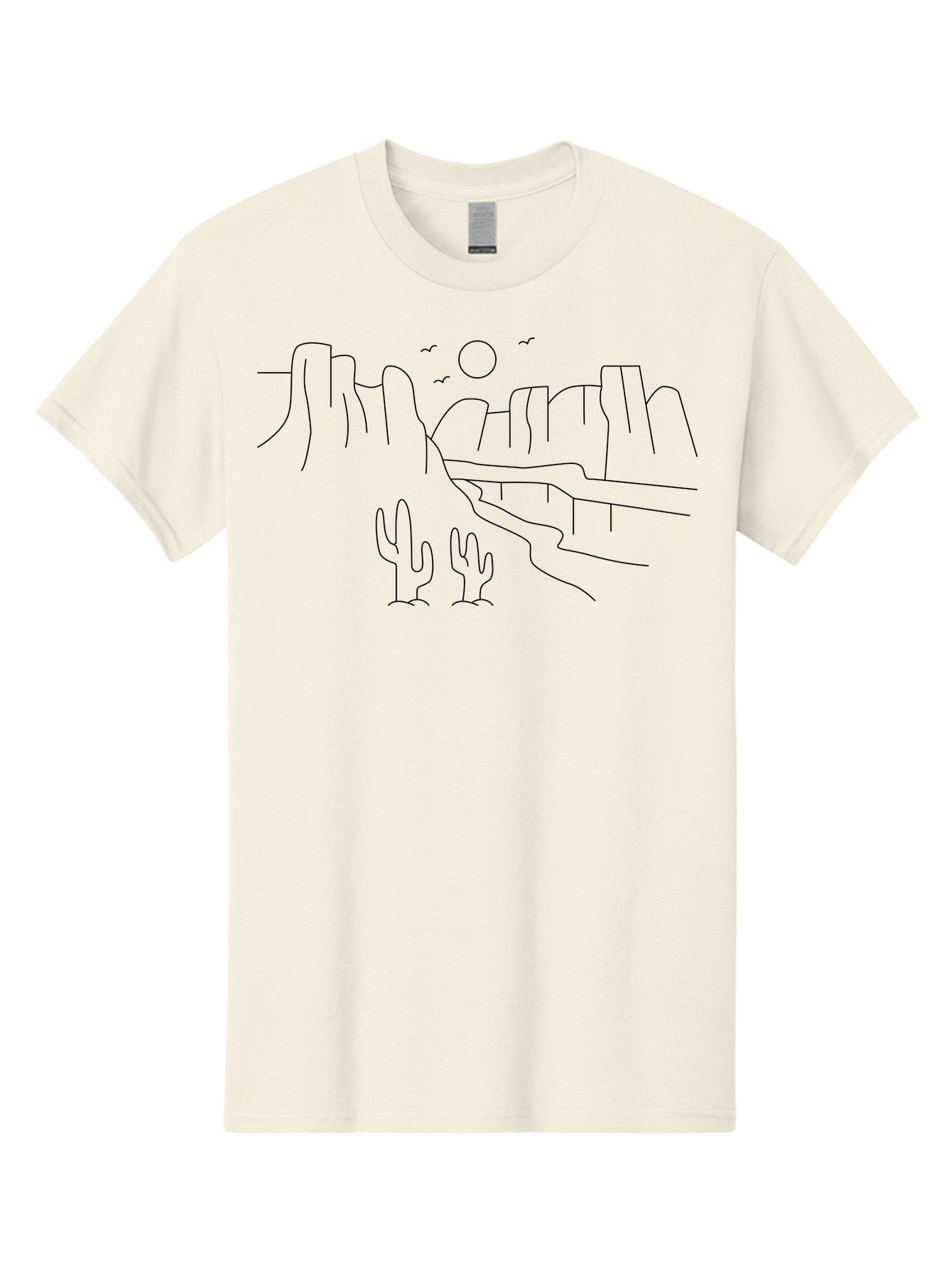 Desert-Scene Men'S Graphic Tee, 100% Cotton, Comfortable Casual Summer Wear, Machine Washable, Desert Landscape, Cacti, Rocky Cliffs, Birds Flying, Sun Shining, Simple Line Art, Minimalist Design, Outdoor Scenery, Natural Beauty -  Aaa185 29