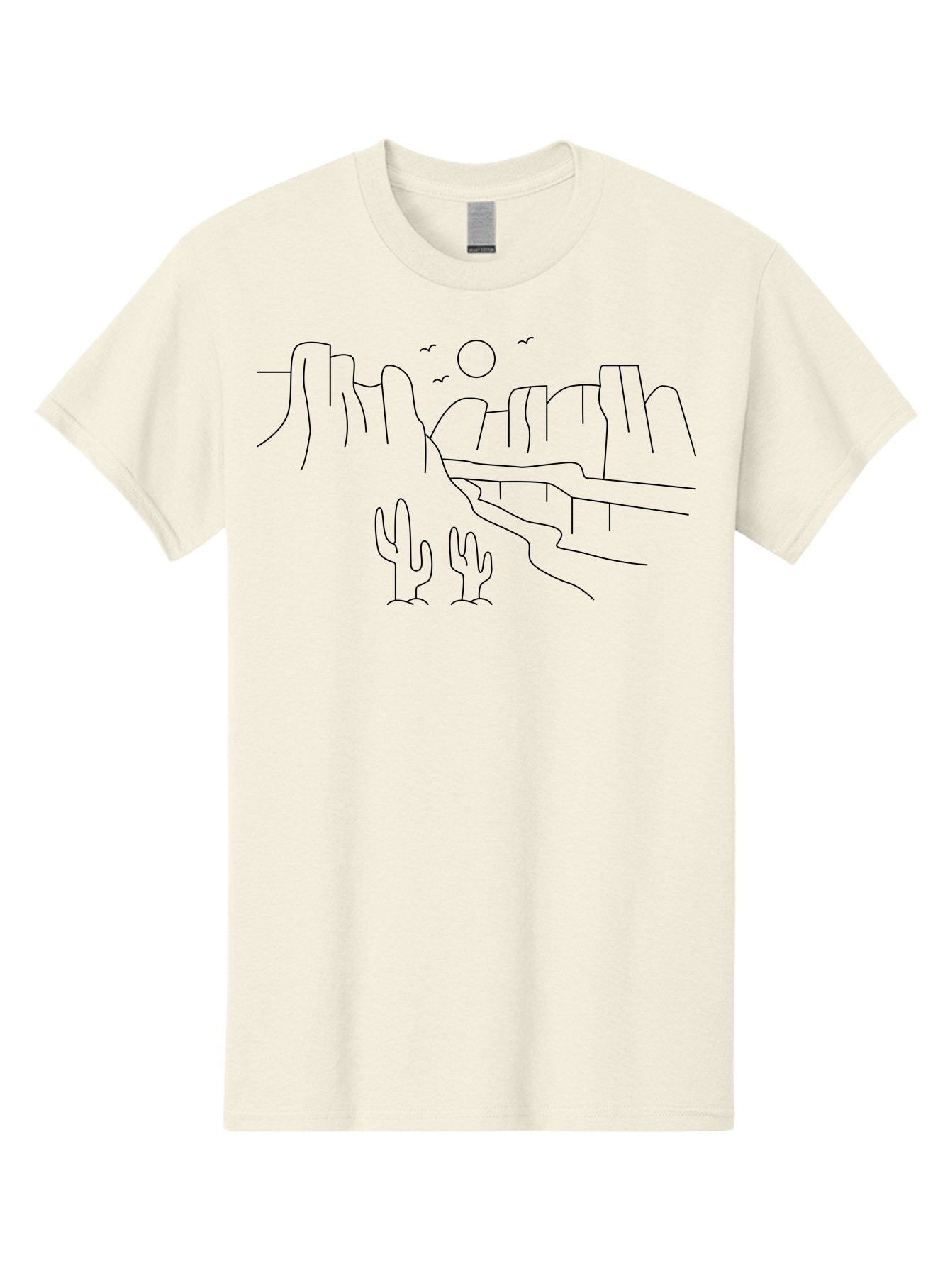 Desert-Scene Men'S Graphic Tee, 100% Cotton, Comfortable Casual Summer Wear, Machine Washable, Desert Landscape, Cacti, Rocky Cliffs, Birds Flying, Sun Shining, Simple Line Art, Minimalist Design, Outdoor Scenery, Natural Beauty -  Aaa185 7